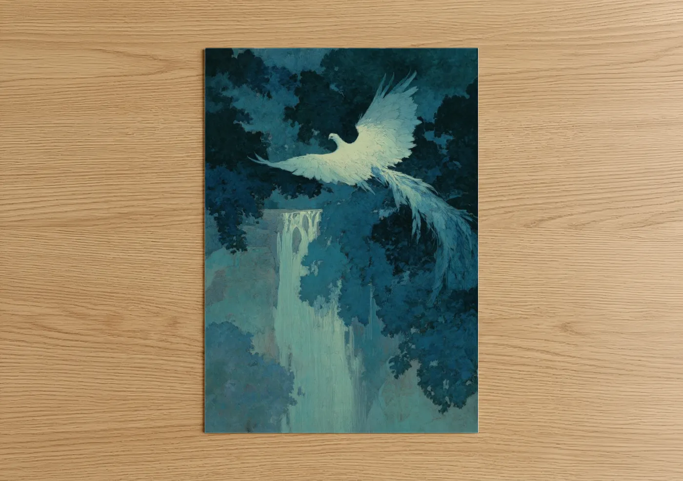White Phoenix Rising Mystical Blue Waterfall Wall Art