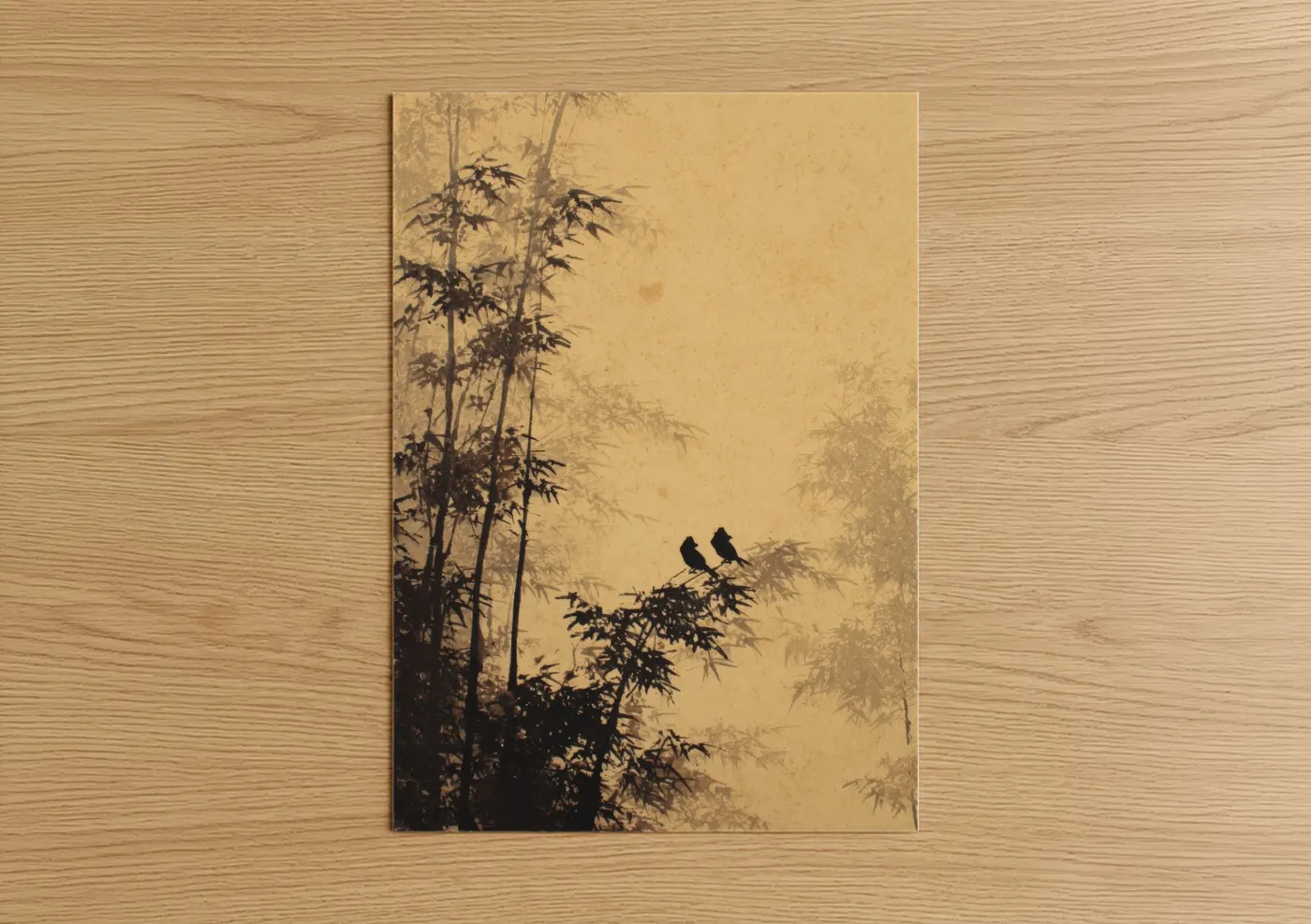 Bamboo jungle art print on warm oak wood — champagne gold and black palette — Misty Bamboo Pair poster