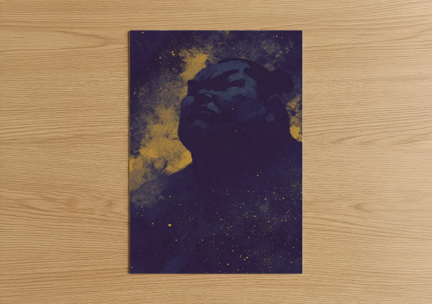 Art print on warm oak wood — gold and royal blue palette — Cosmic Sumo poster