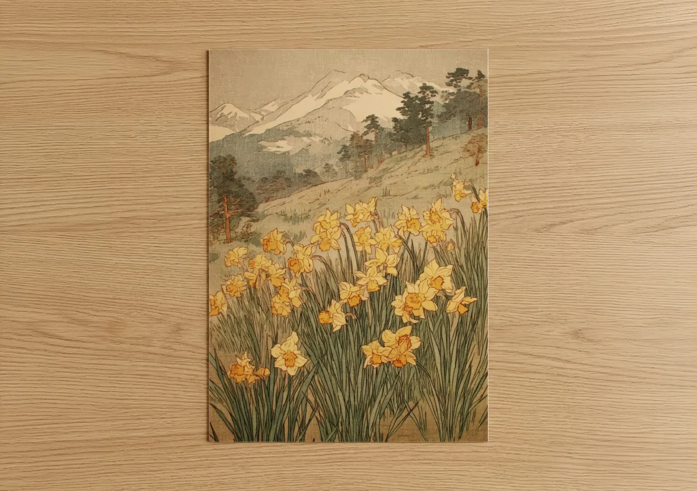 Daffodils art print on warm oak wood — gold and sage green palette — Golden Daffodil Field poster