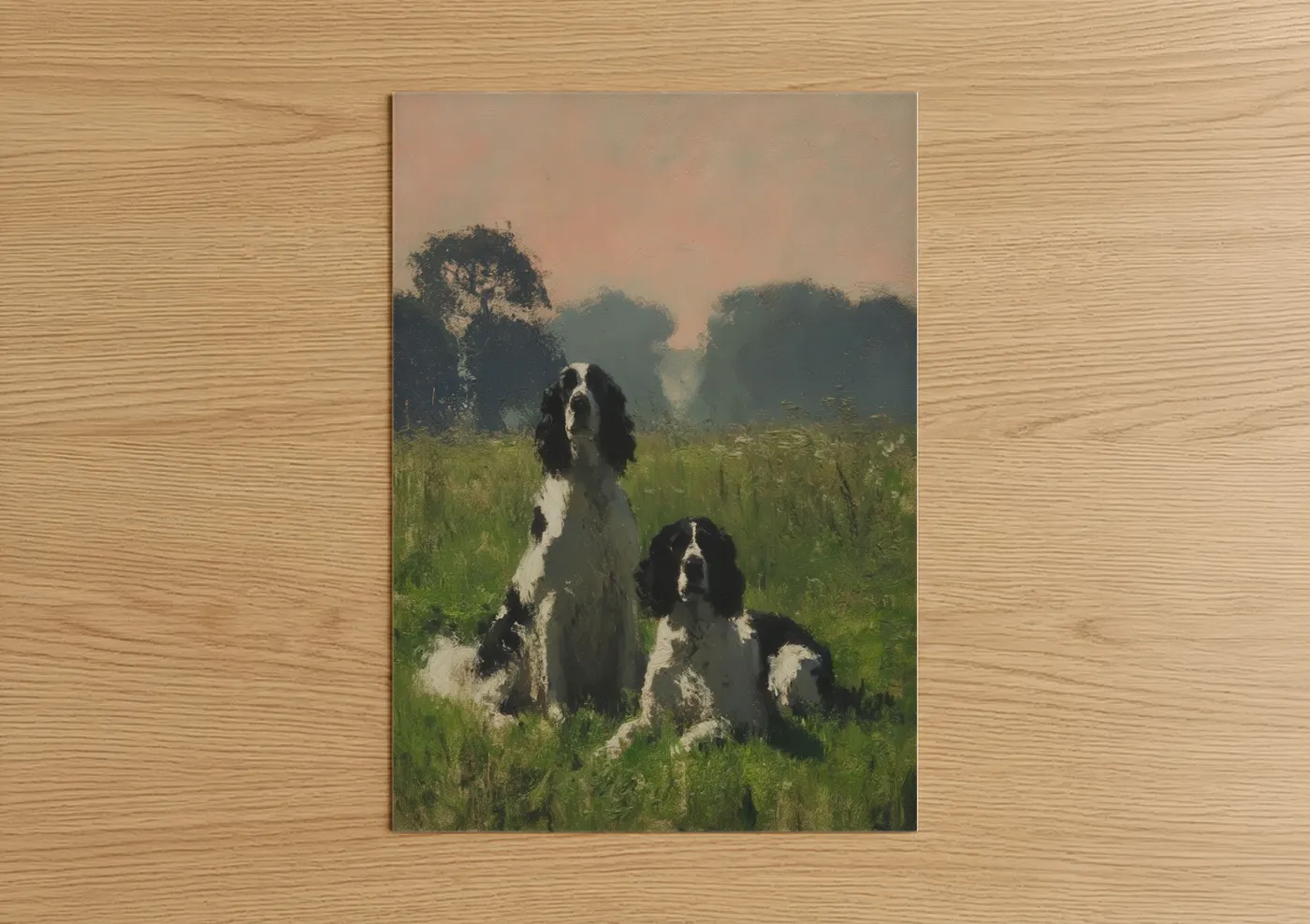 Art print on warm oak wood — peach and light green palette — Misty Field Spaniels poster