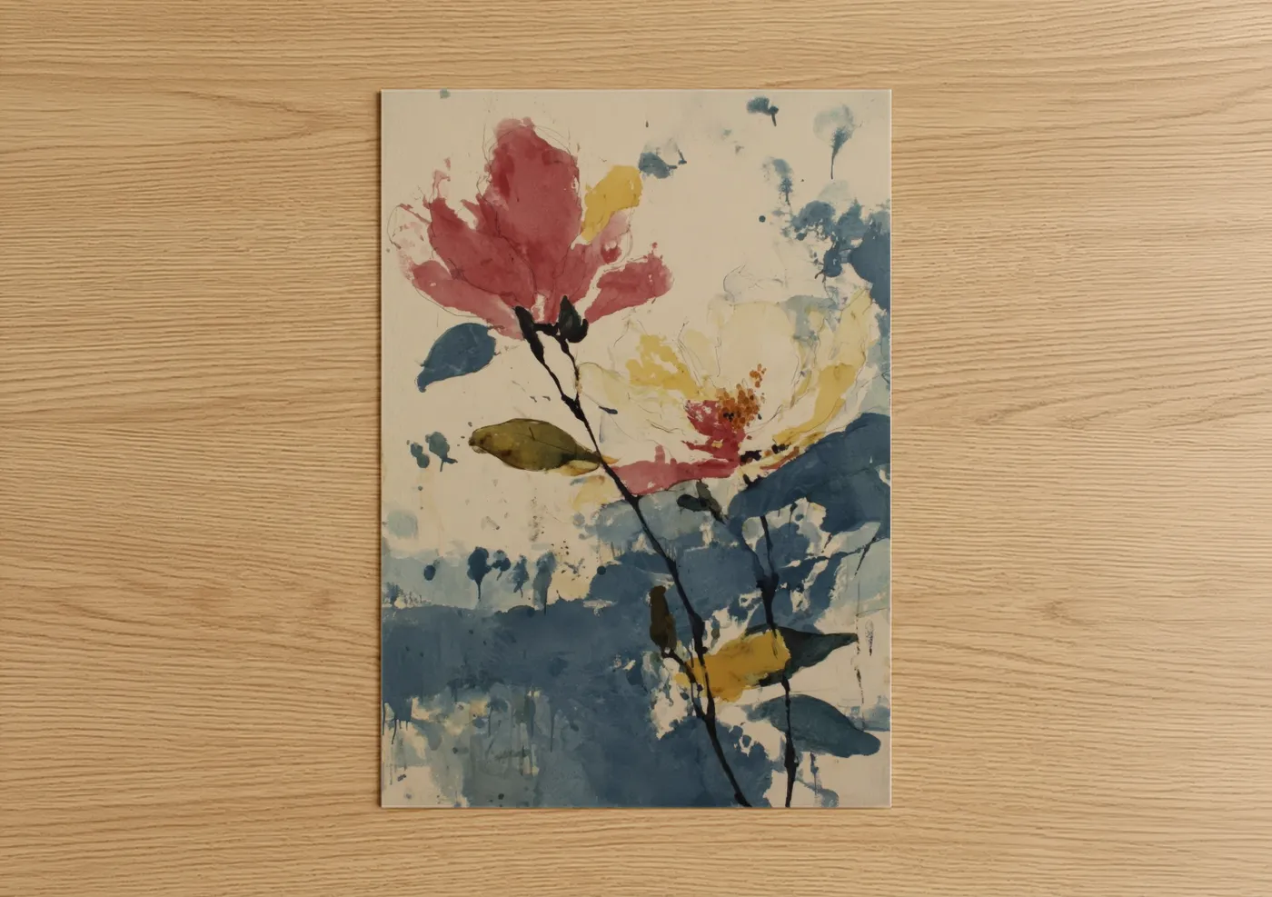 Art print on warm oak wood — cream and blue palette — Crimson Magnolia poster