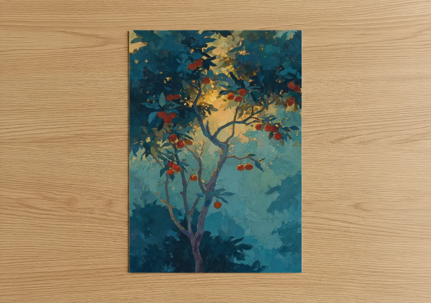 Arbutus tree art print on warm oak wood — teal and gold palette — Golden Arbutus poster