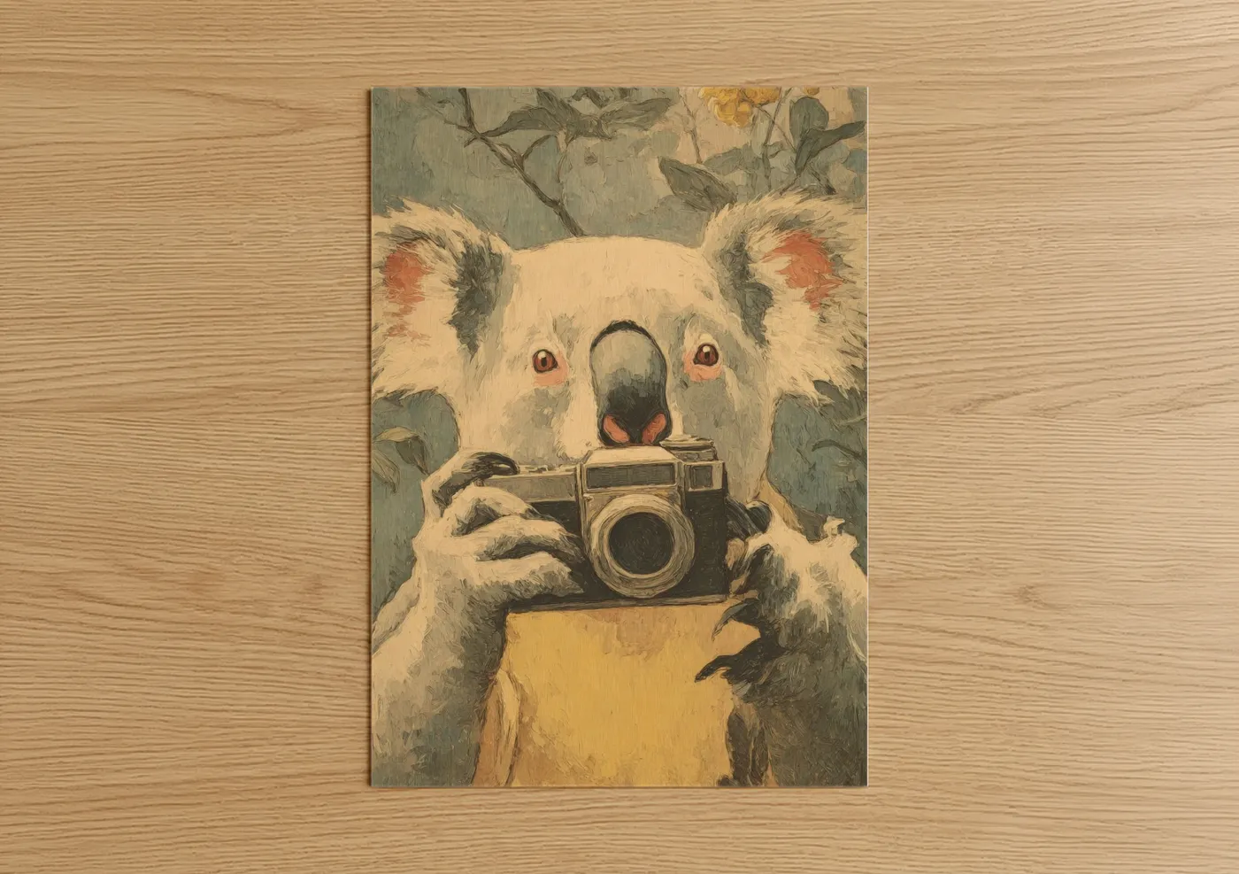Art print on warm oak wood — cream and olive palette — Photographer Koala poster