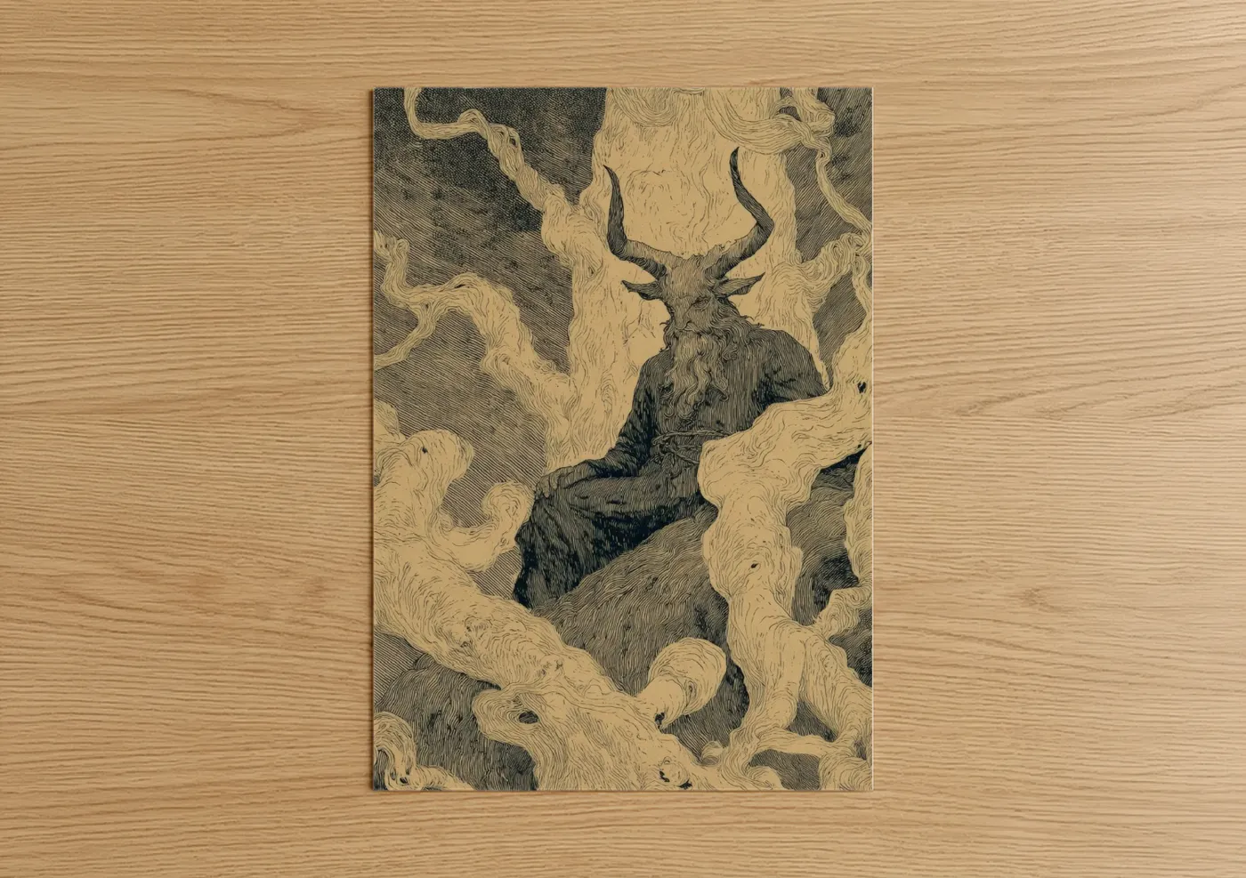 Wiccan art print on warm oak wood — cream and black palette — Mystical Horned Guardian poster