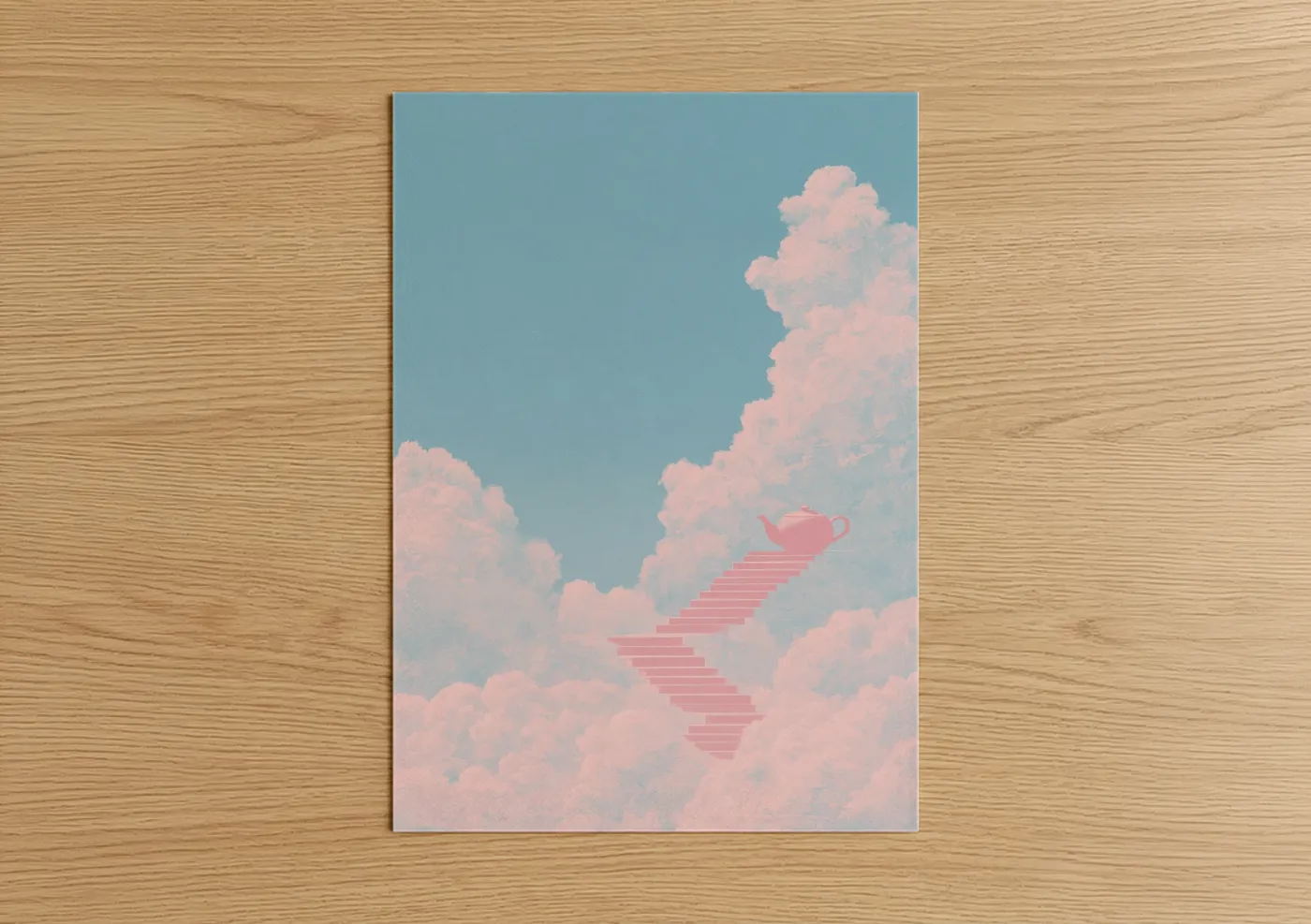 Art print on warm oak wood — pink and blue and white palette — Celestial Staircase poster