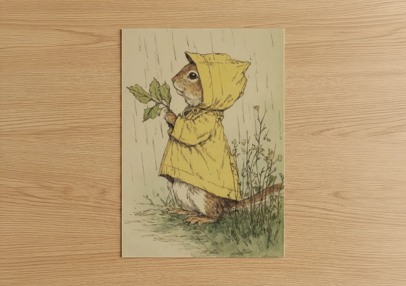 Art print on warm oak wood — cream and light green palette — Rainy Day Squirrel poster