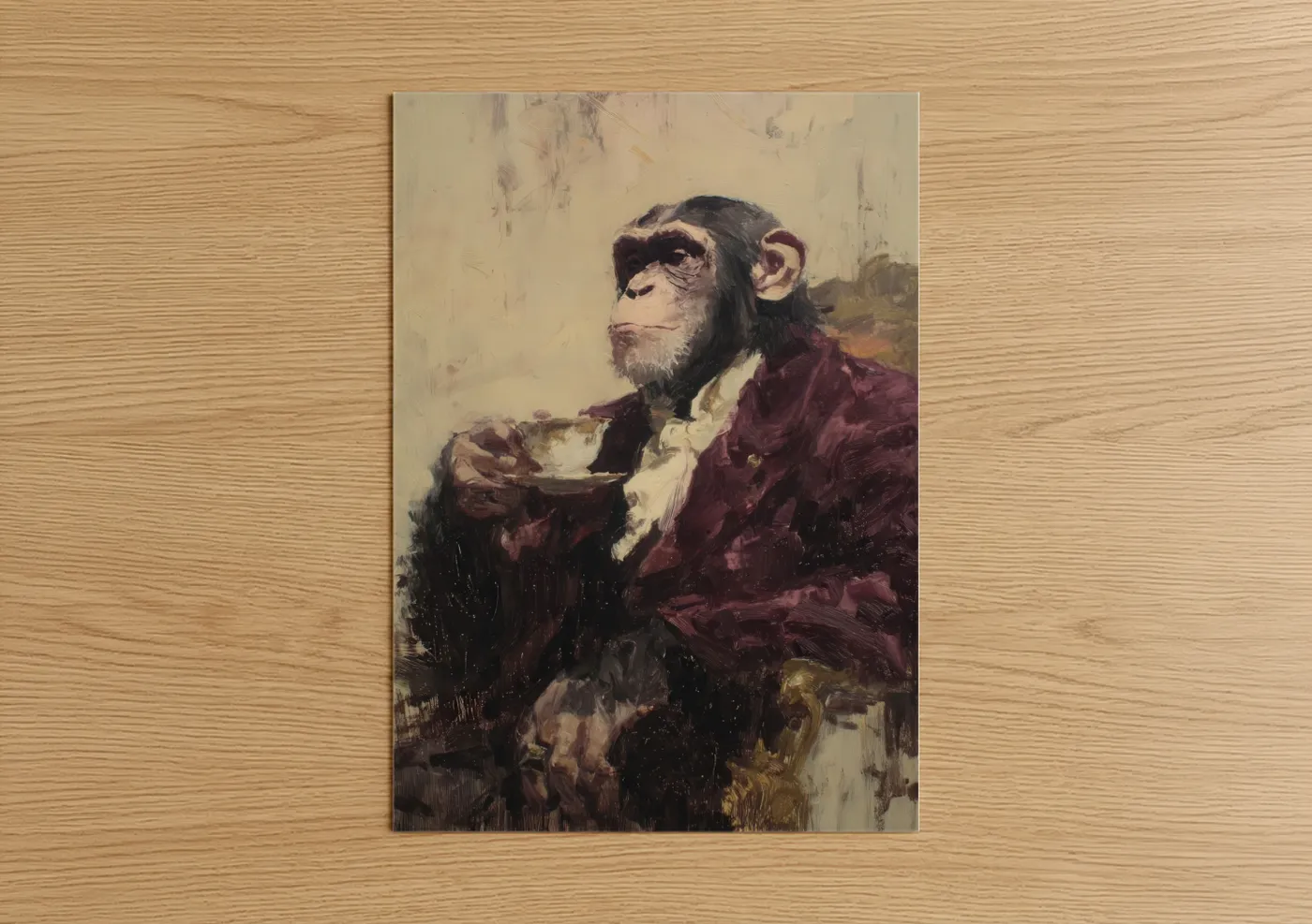Art print on warm oak wood — maroon and cream palette — Genteel Monkey poster