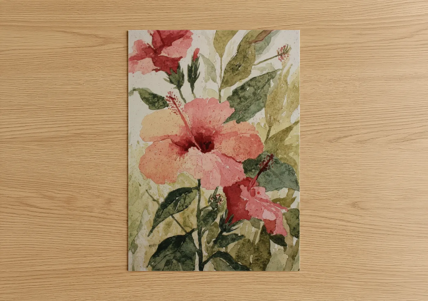 Coral Hibiscus Watercolor Botanical Art Wall Art