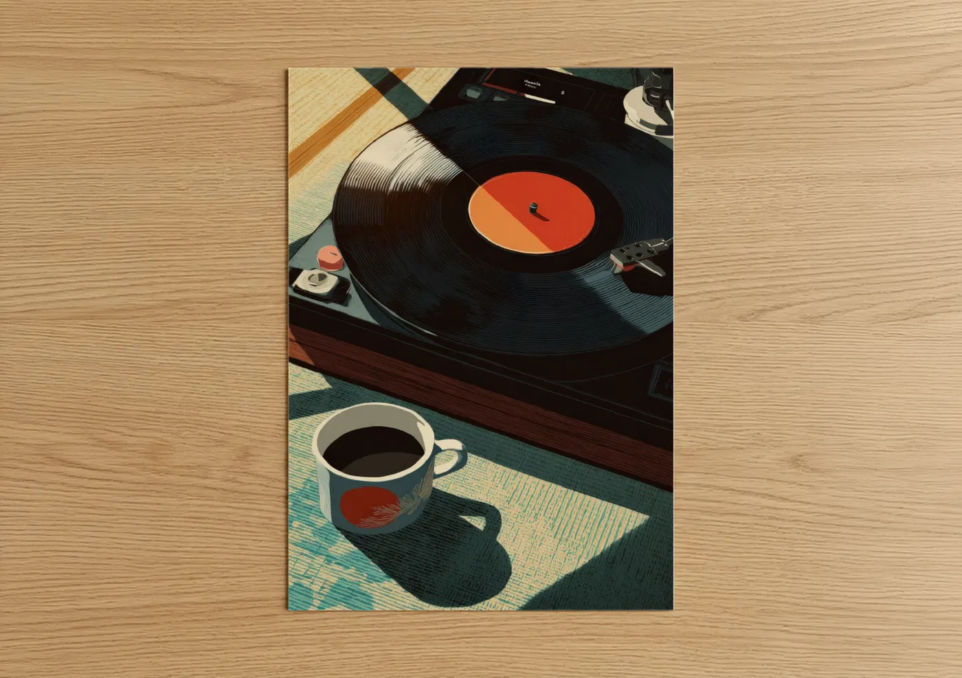 Vinyl records art print on warm oak wood — red and cream palette — Vinyl Turntable Setup poster