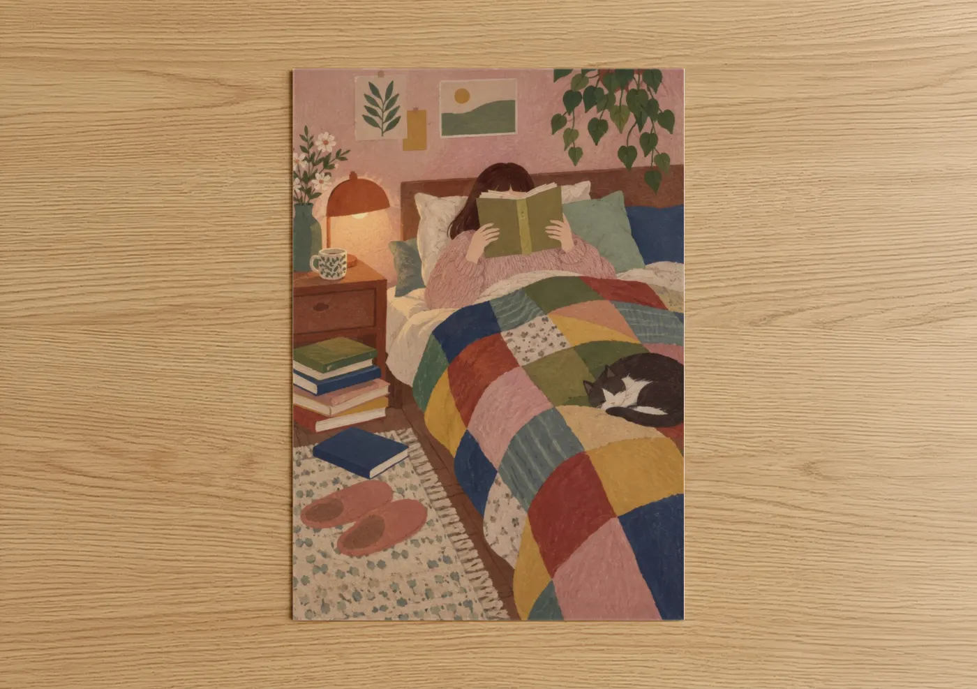 Art print on warm oak wood — peach and olive palette — Cozy Reading Bedroom With Cat Wall Art poster
