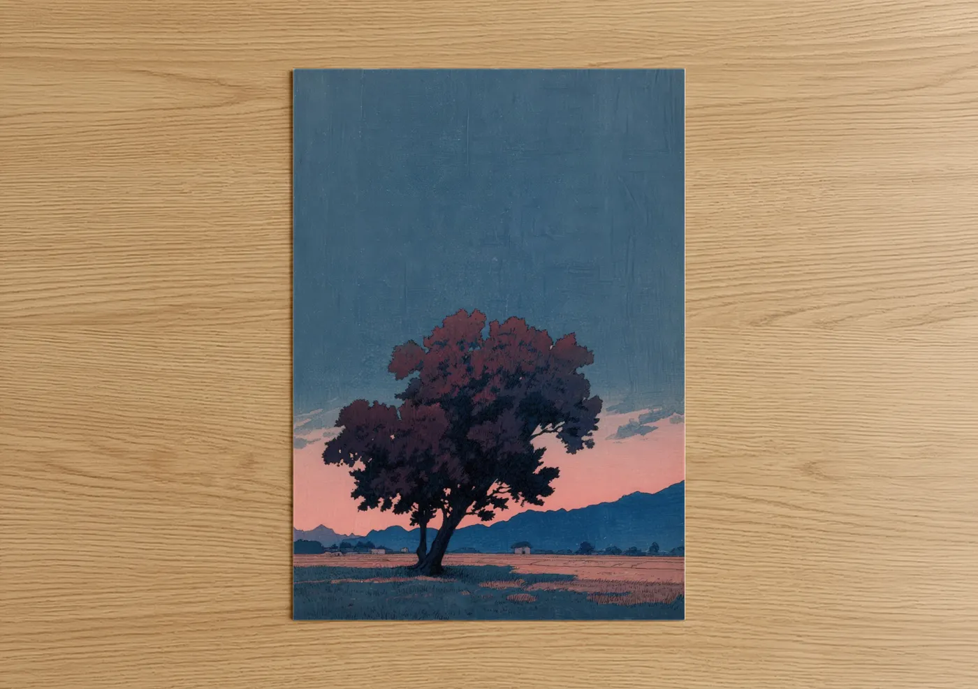 Art print on warm oak wood — blue and gold palette — Sunset Olive Tree poster