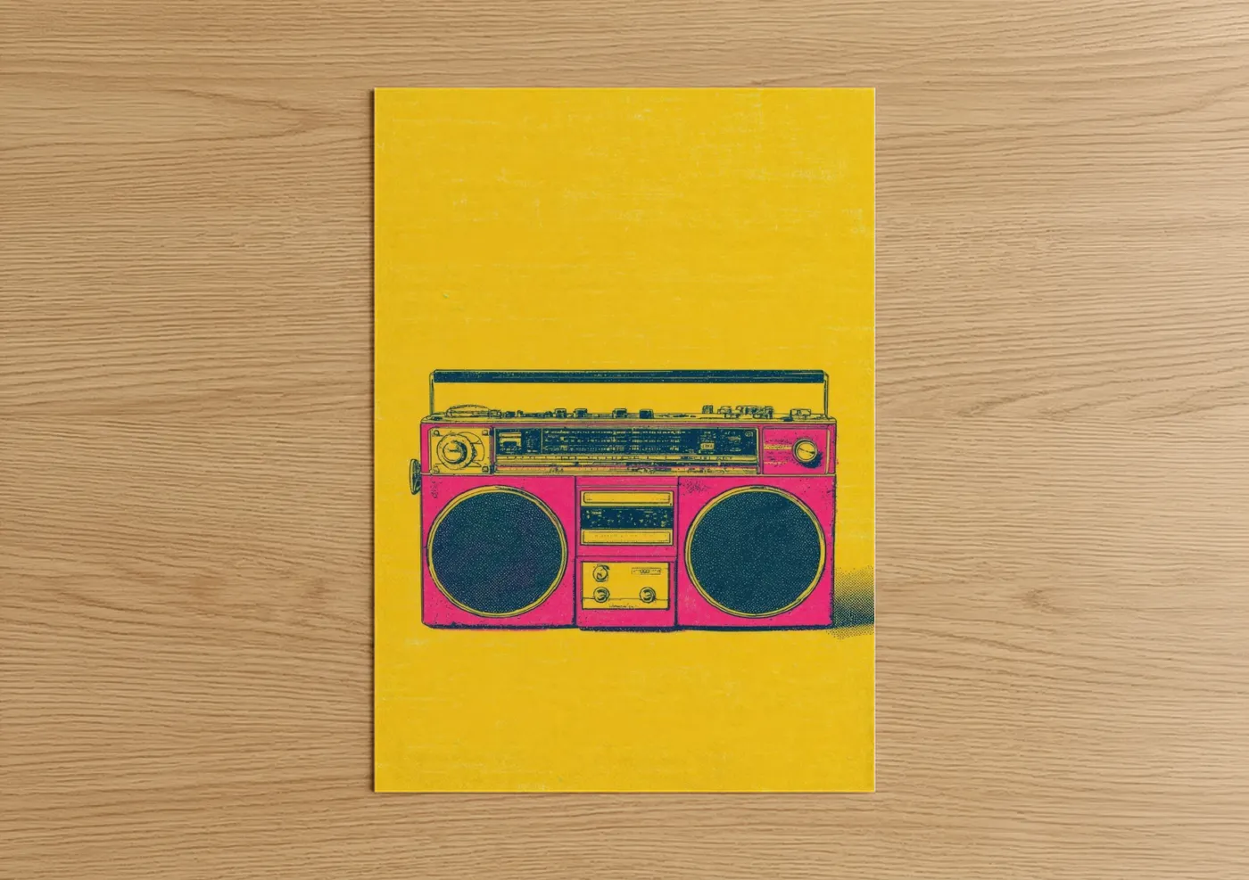 Art print on warm oak wood — magenta and yellow gold palette — Neon Boombox poster