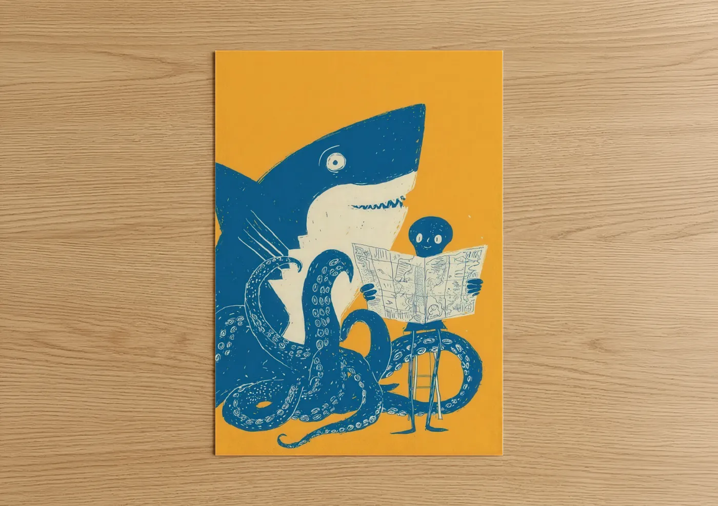 Blue shark art print on warm oak wood — blue and yellow gold palette — Literary Shark poster