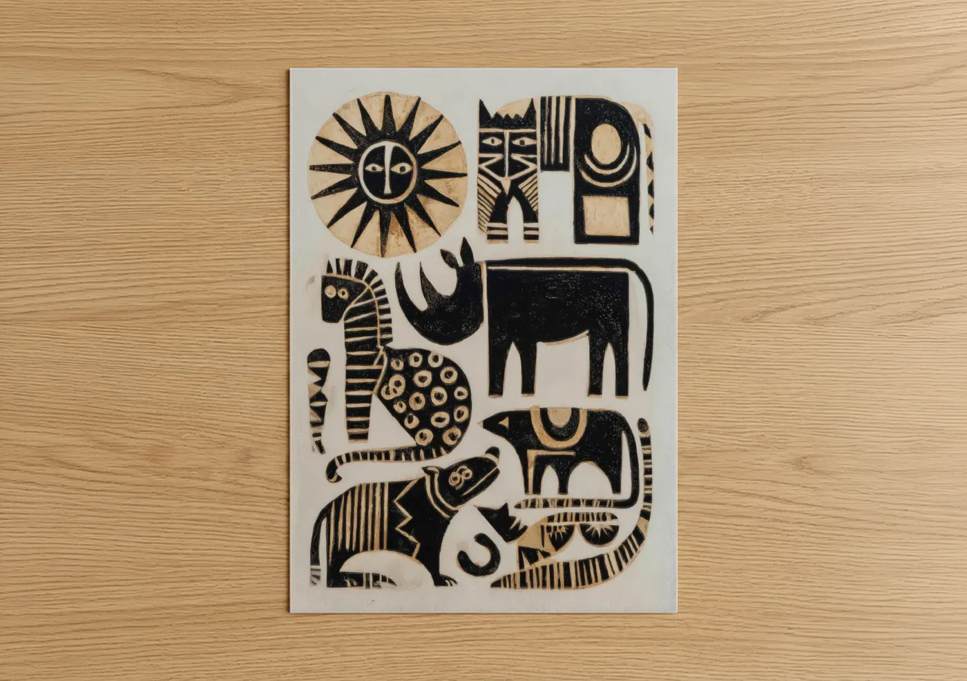 Abstract traditional art print on warm oak wood — black and white and cream palette — Tribal Animal Composition poster
