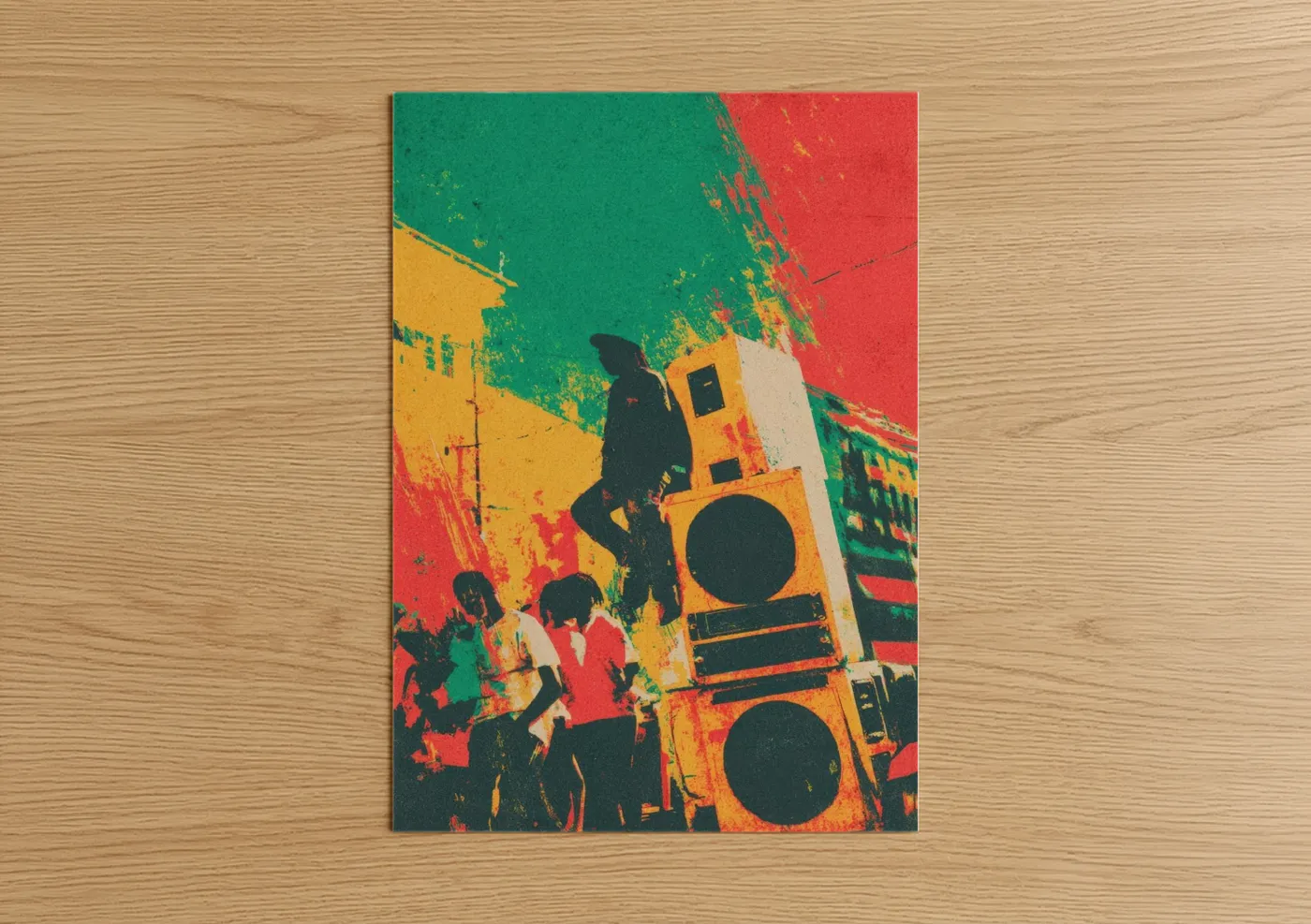 Art print on warm oak wood — true green and red palette — Reggae Vibes poster