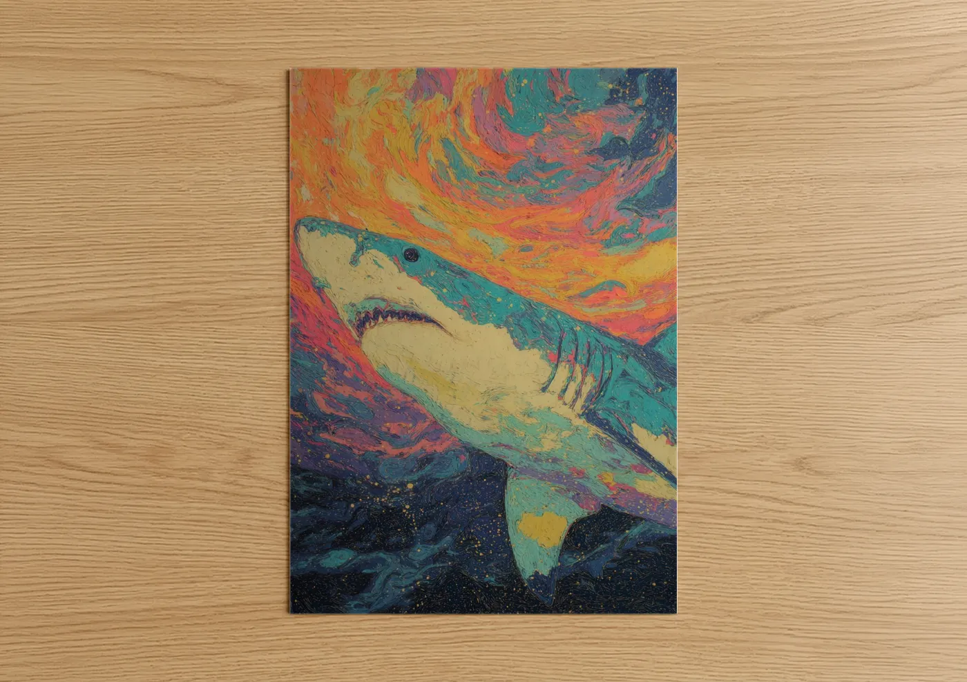 Bull shark art print on warm oak wood — orange and teal palette — Turbulent Shark poster