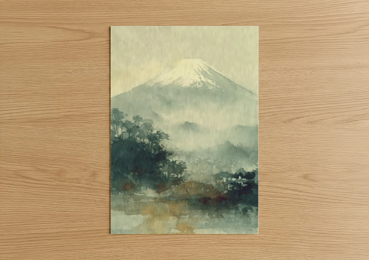 Mount Fuji in Mist Japanese Watercolor Wall Art