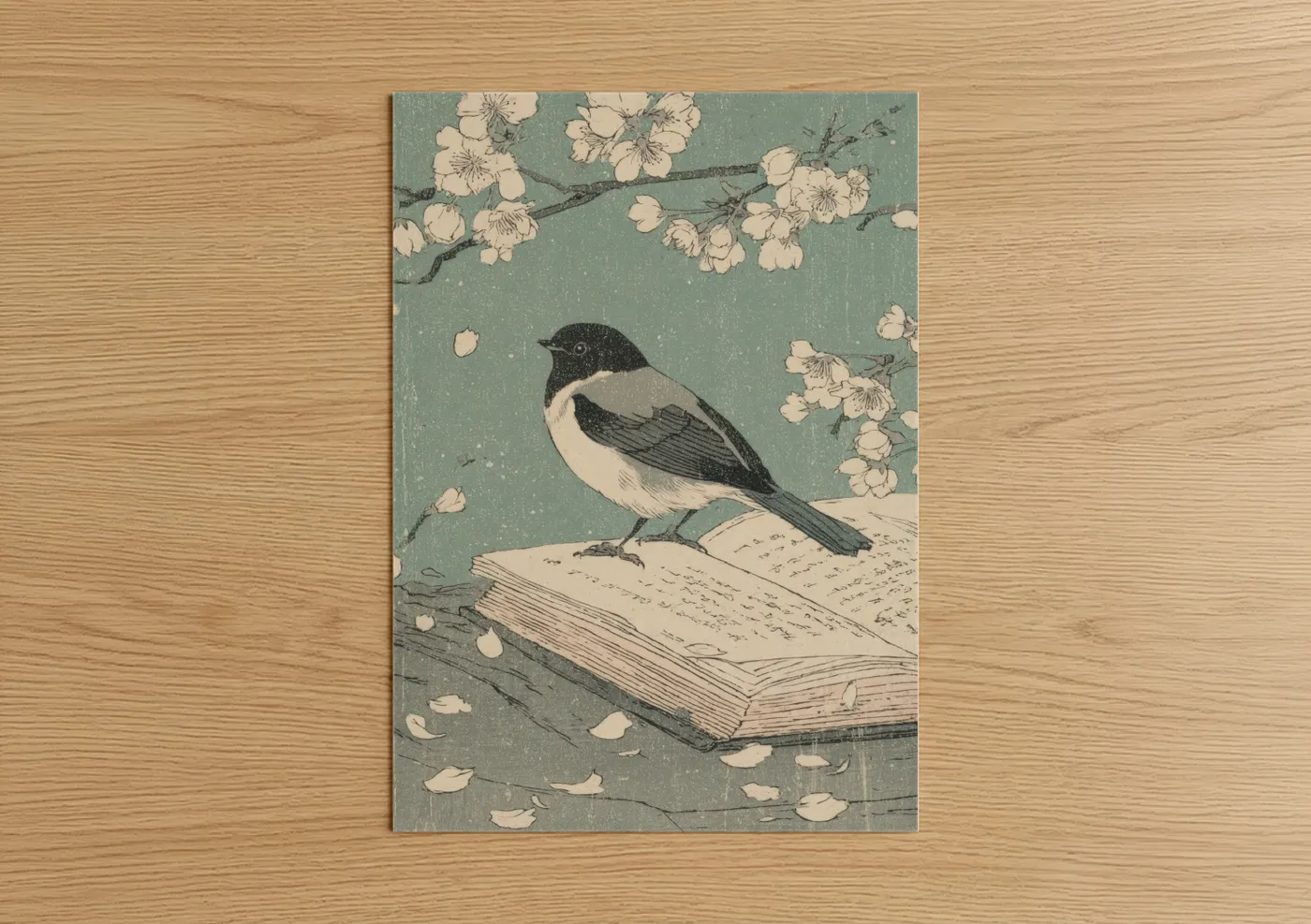 Reading art print on warm oak wood — sage green and cream palette — Literary Magpie poster