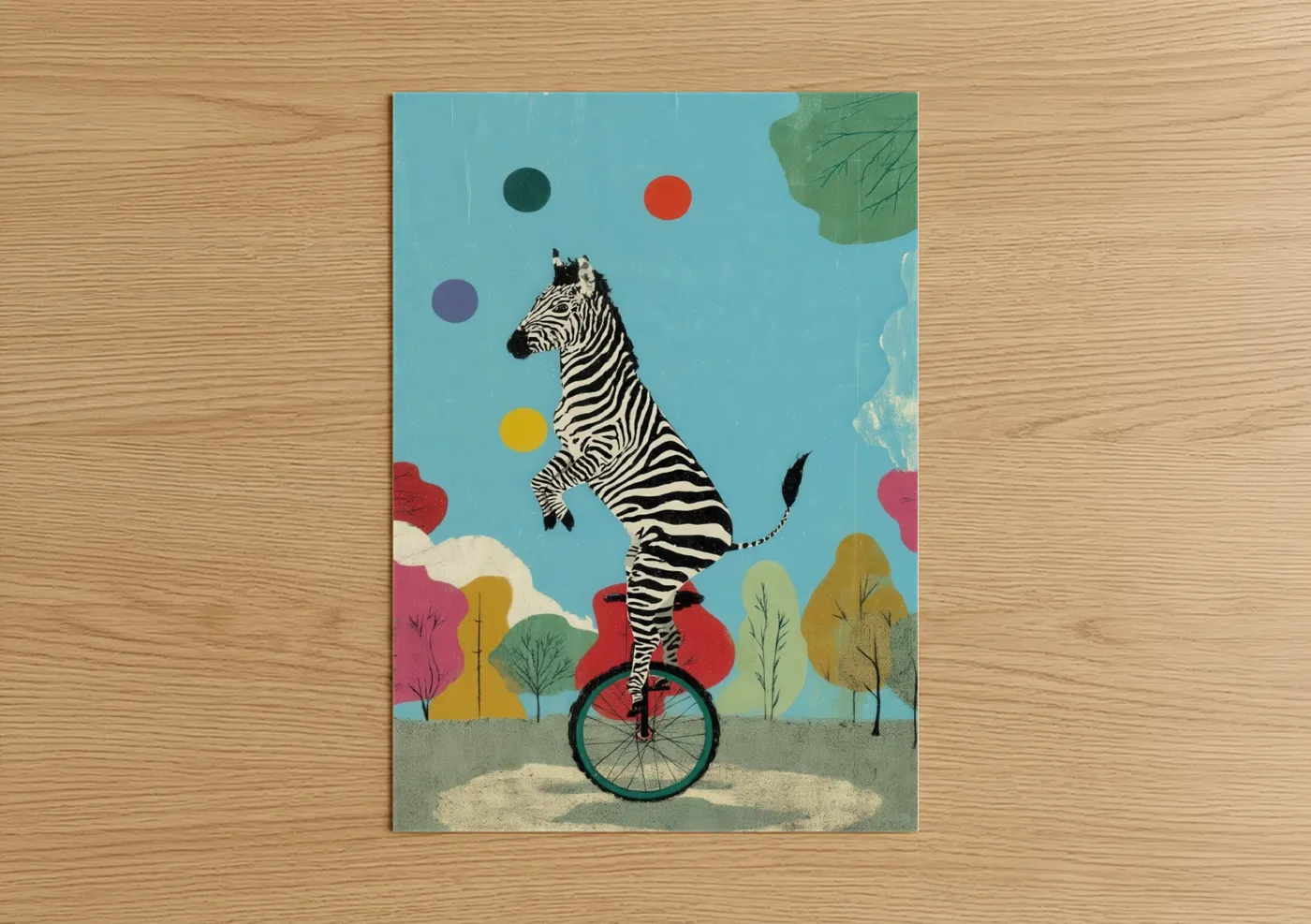 Whimsical Zebra Unicycle Illustration Wall Art
