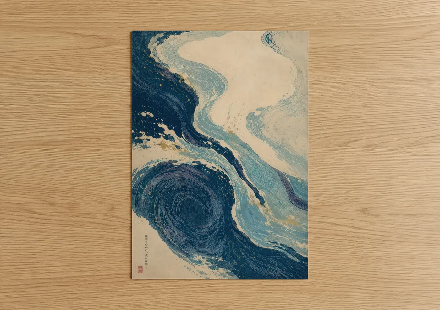 Seascapes and ocean art print on warm oak wood — blue and beige palette — Japanese Ocean Wave Wall Art poster