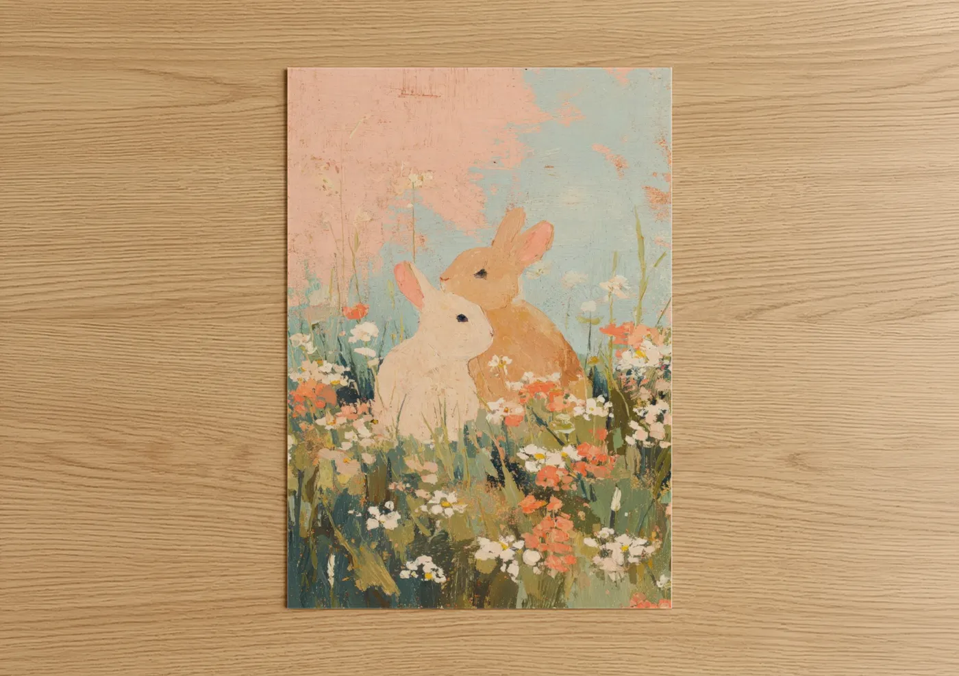 Two Rabbits in Flower Meadow Love Wall Art