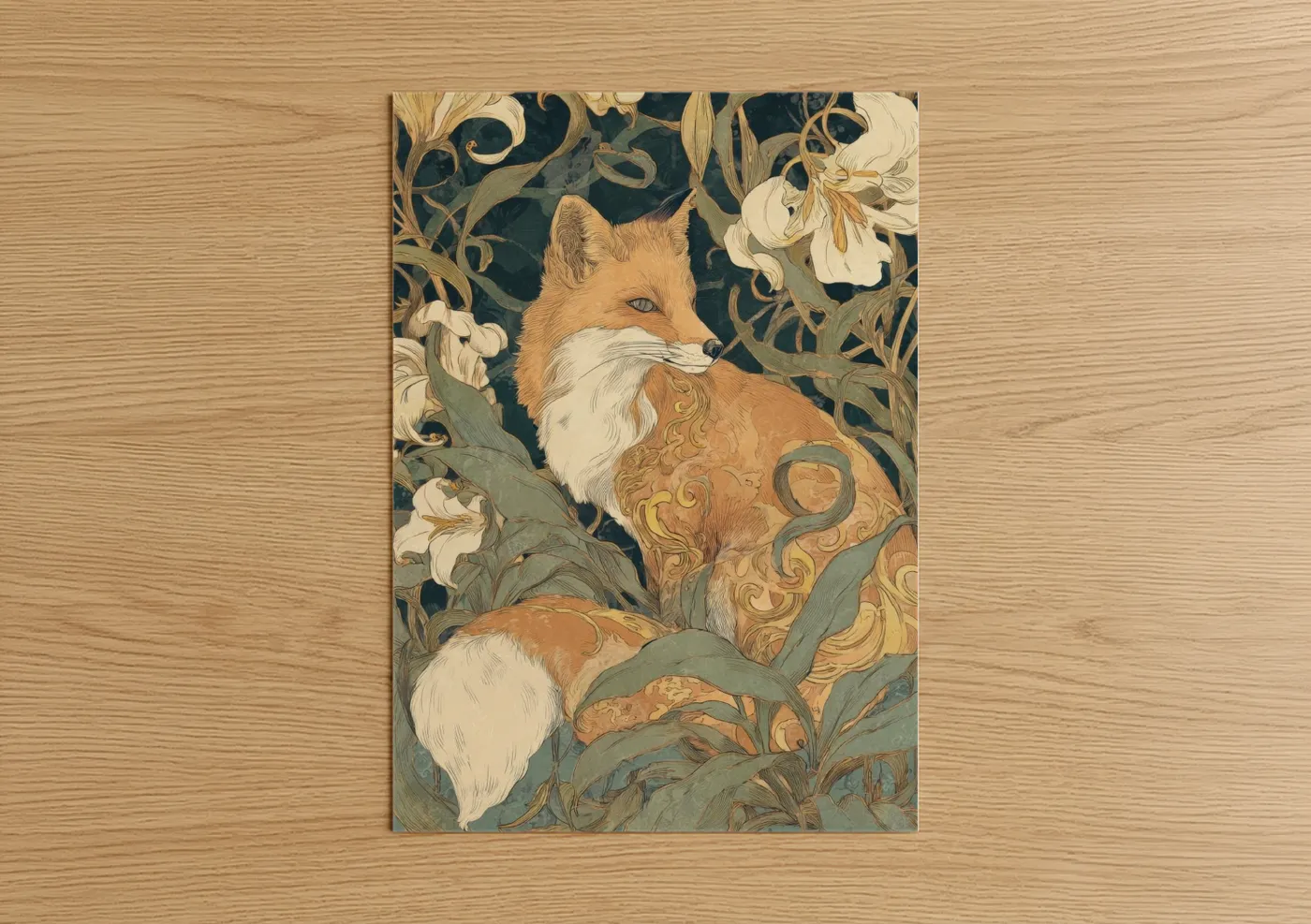 Ornate Fox Portrait with Floral Motifs Wall Art