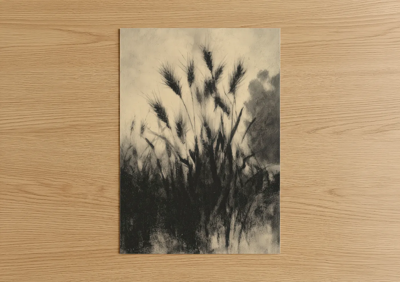 Art print on warm oak wood — black and white palette — Windswept Grain poster
