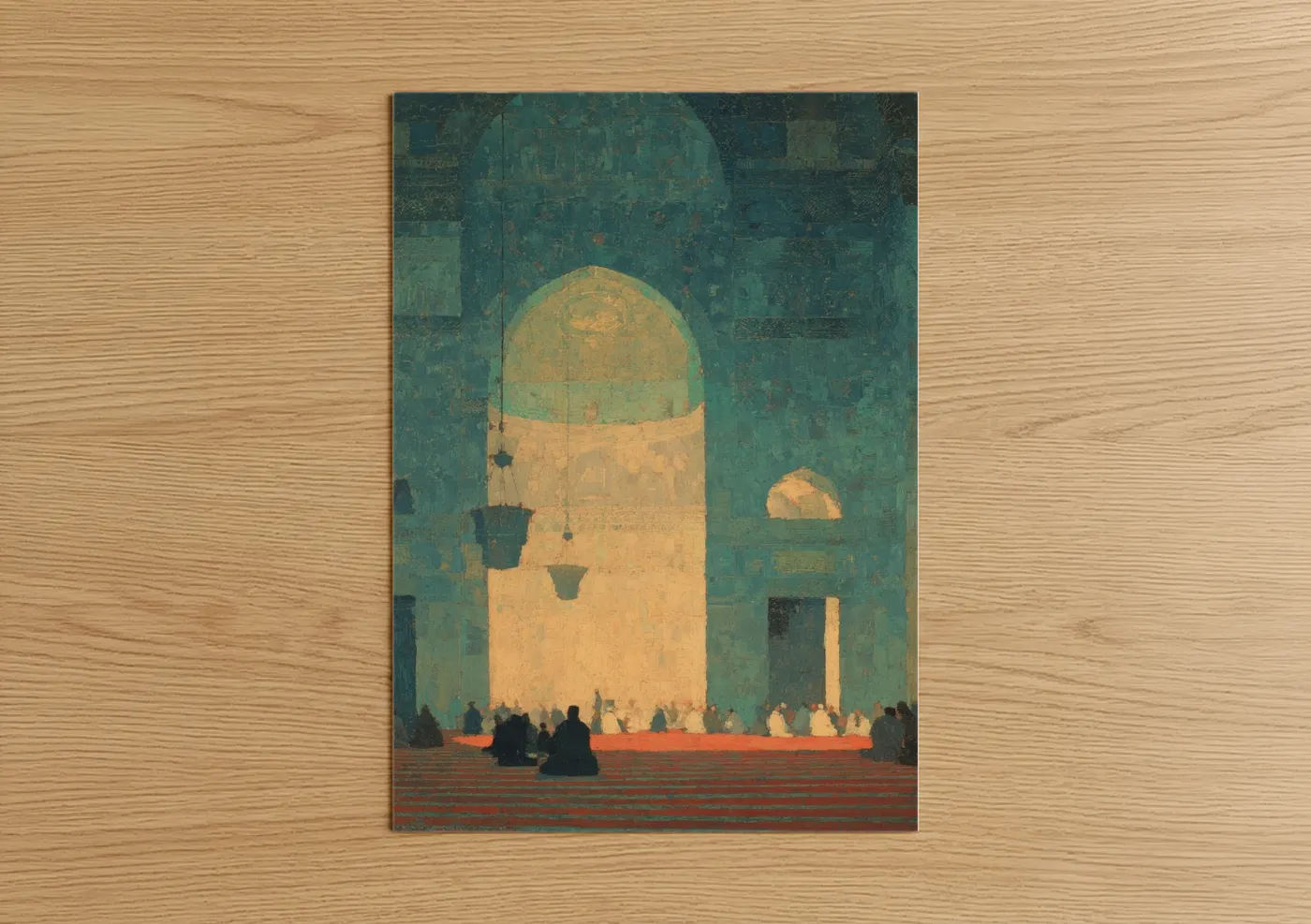 Art print on warm oak wood — gold and teal palette — Golden Mosque Interior poster