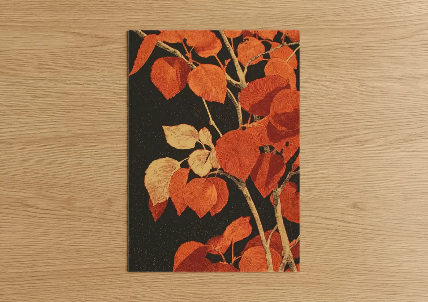 Linden tree art print on warm oak wood — orange and gold palette — Autumn Linden poster