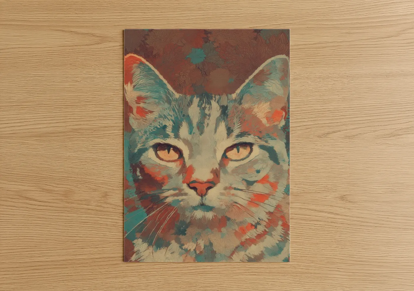 Art print on warm oak wood — teal and red palette — Golden-Eyed Cat poster