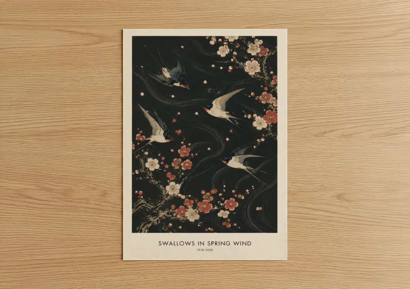 Songbird art print on warm oak wood — black and peach palette — Japanese Swallows Cherry Blossom Wall Art poster