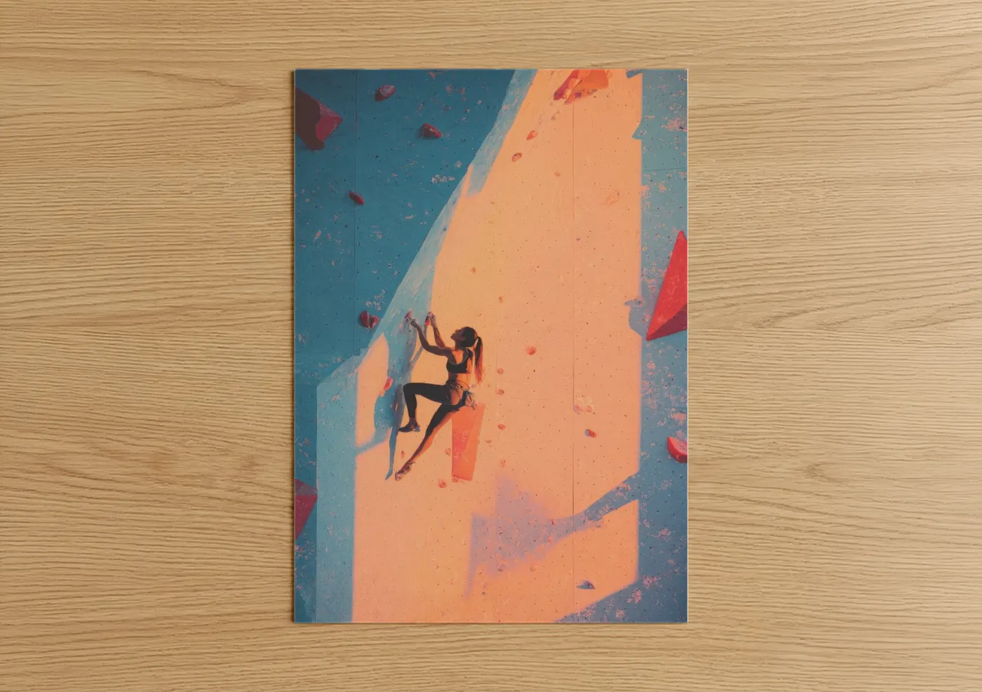 Rock climbing art print on warm oak wood — blue and orange palette — Sunlit Climber poster