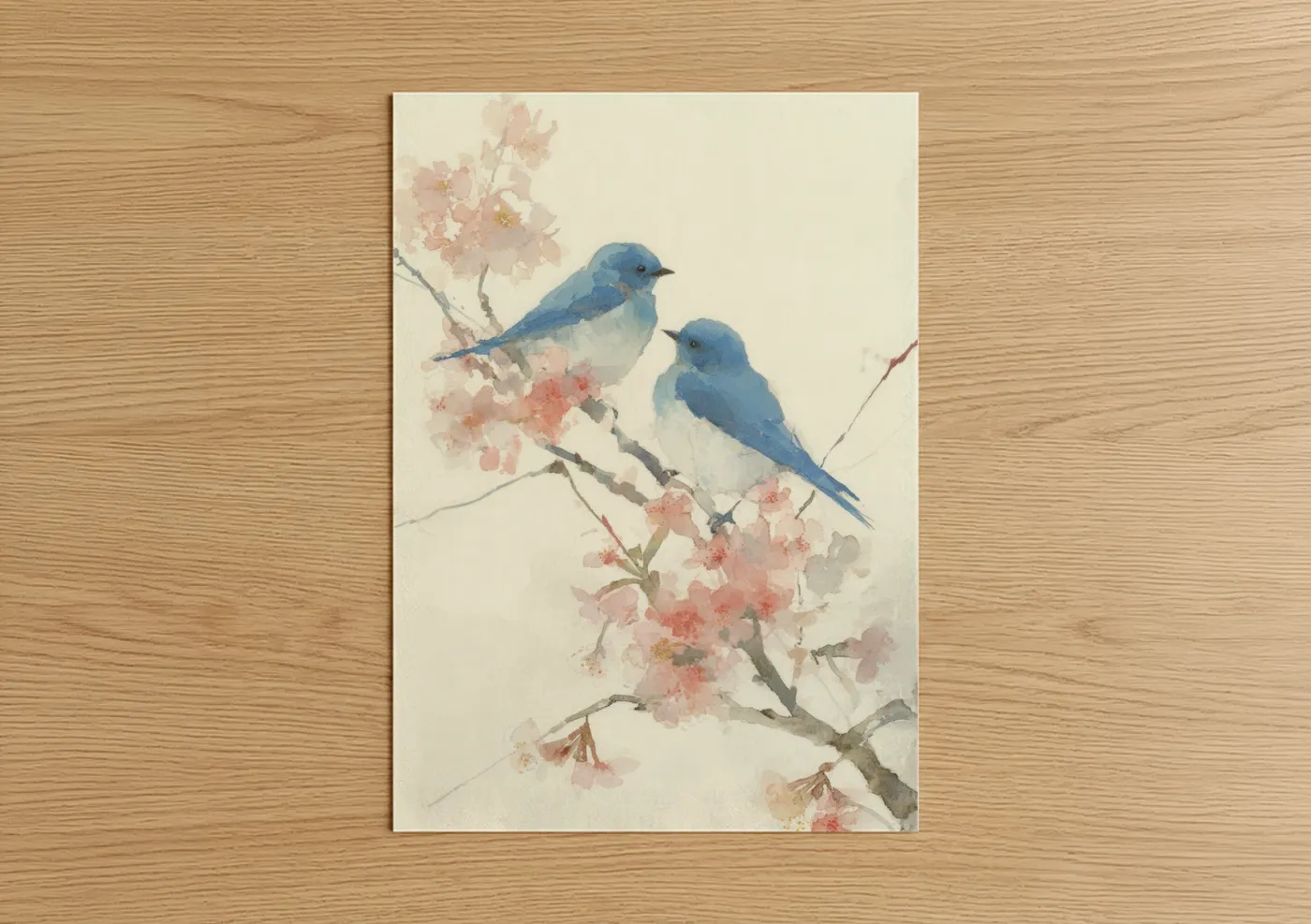 Blue Birds Cherry Blossoms Watercolor Wall Art