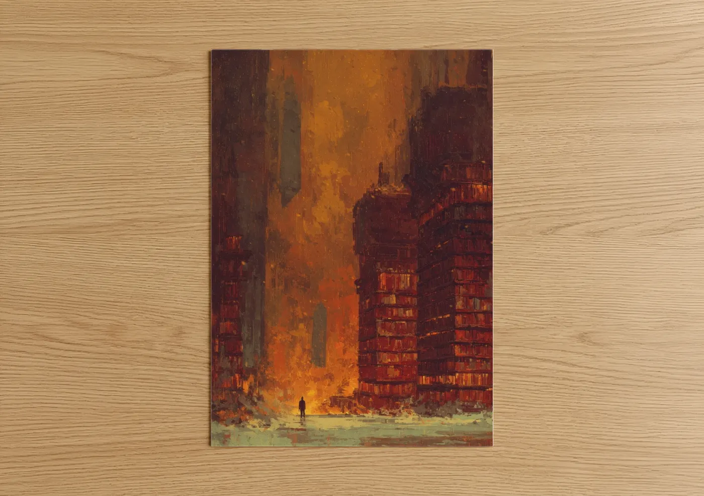 Sci-fi art print on warm oak wood — orange and maroon palette — Burning Metropolis poster