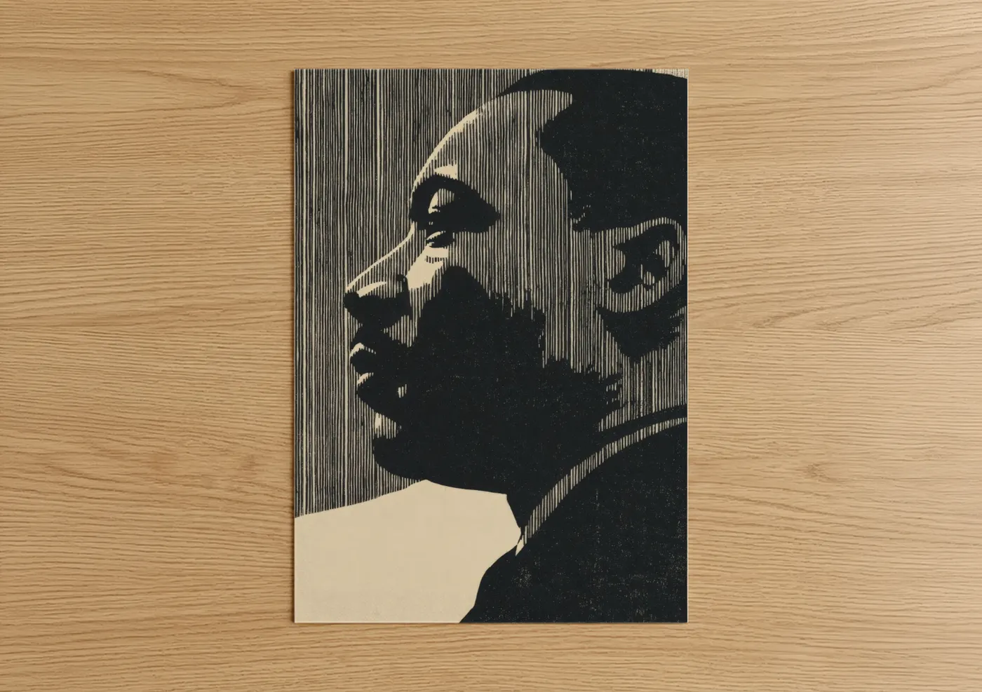 Martin luther king jr day art print on warm oak wood — black and white and cream palette — Civil Rights Leader poster