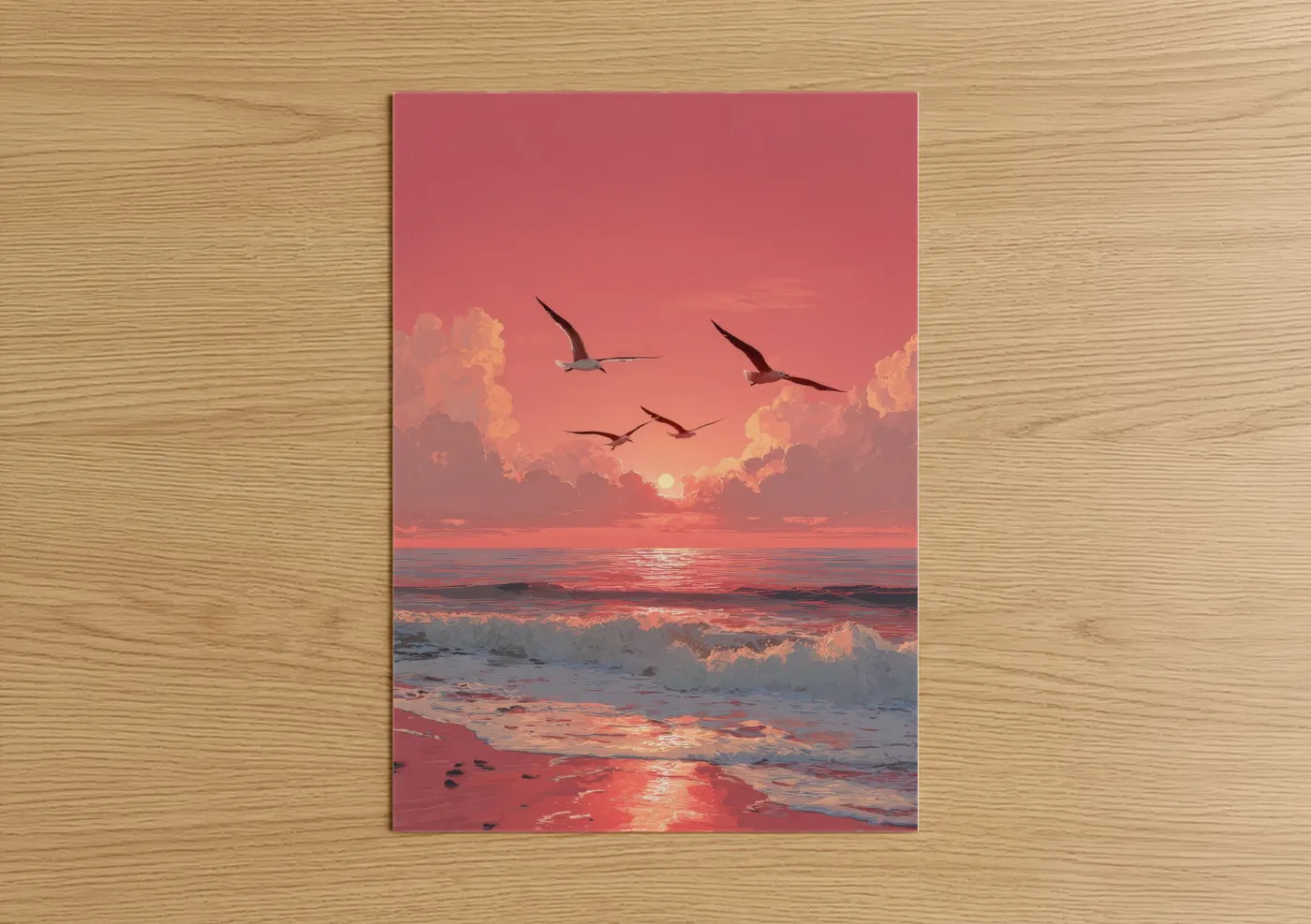 Seagulls flying at sunset over beach Wall Art