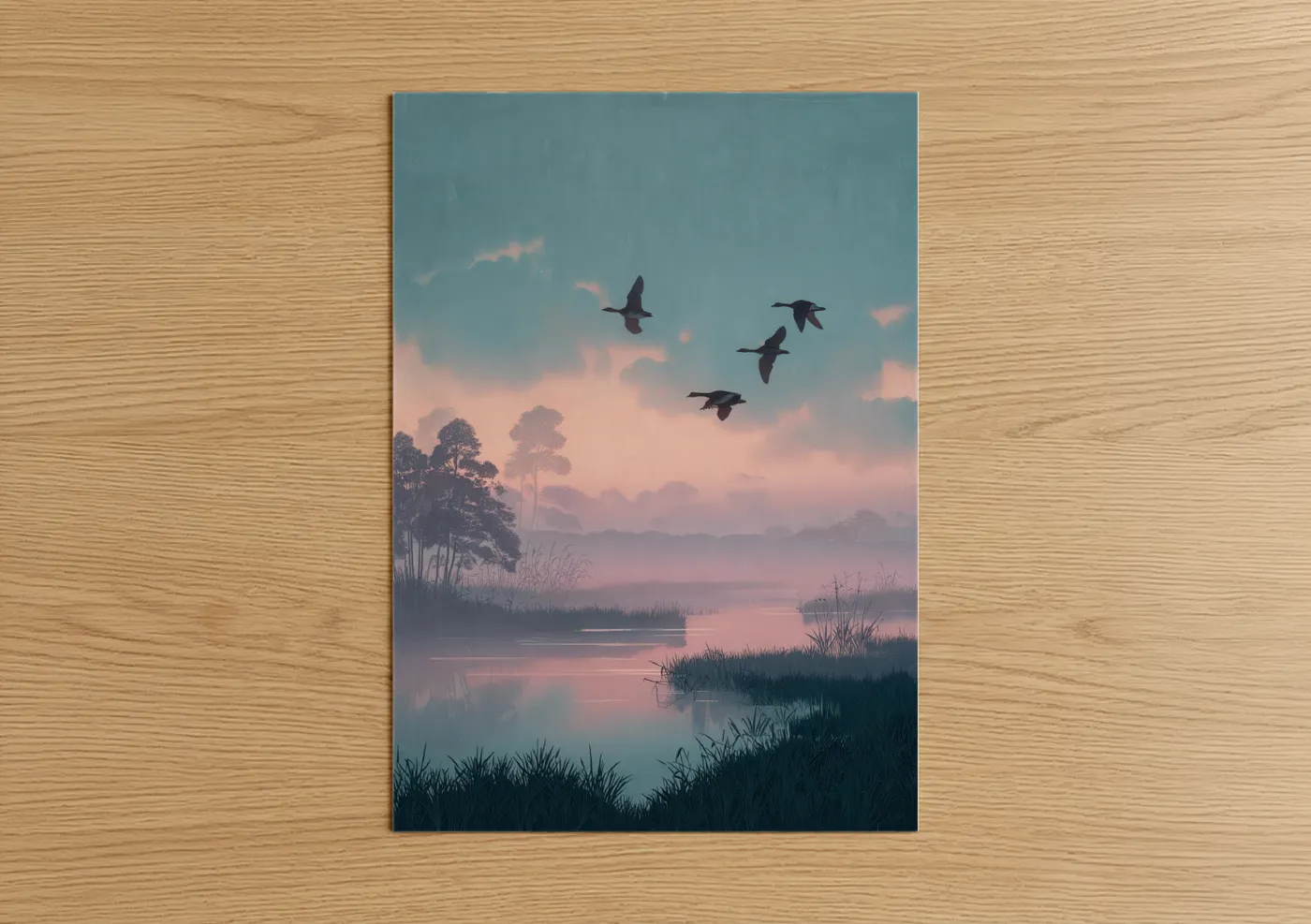 Misty Dawn Ducks Flying Over Water Wall Art