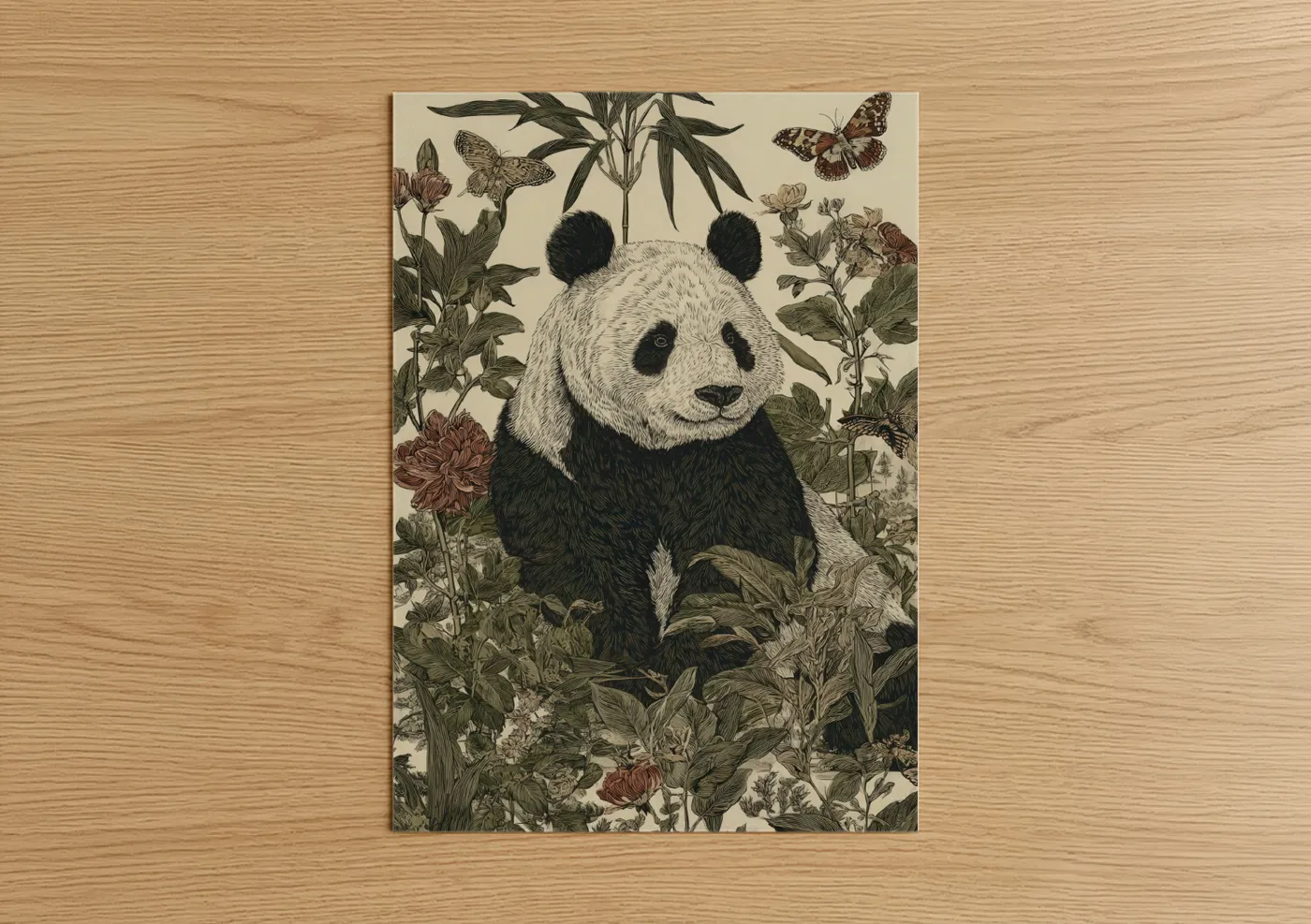 Panda in Botanical Garden Illustration Wall Art