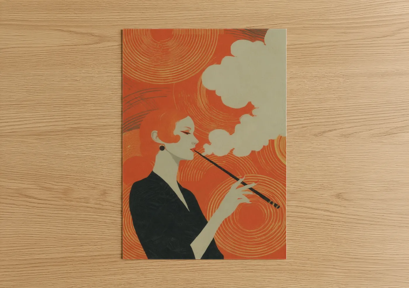 Retro Woman Smoking Art Deco Illustration Wall Art