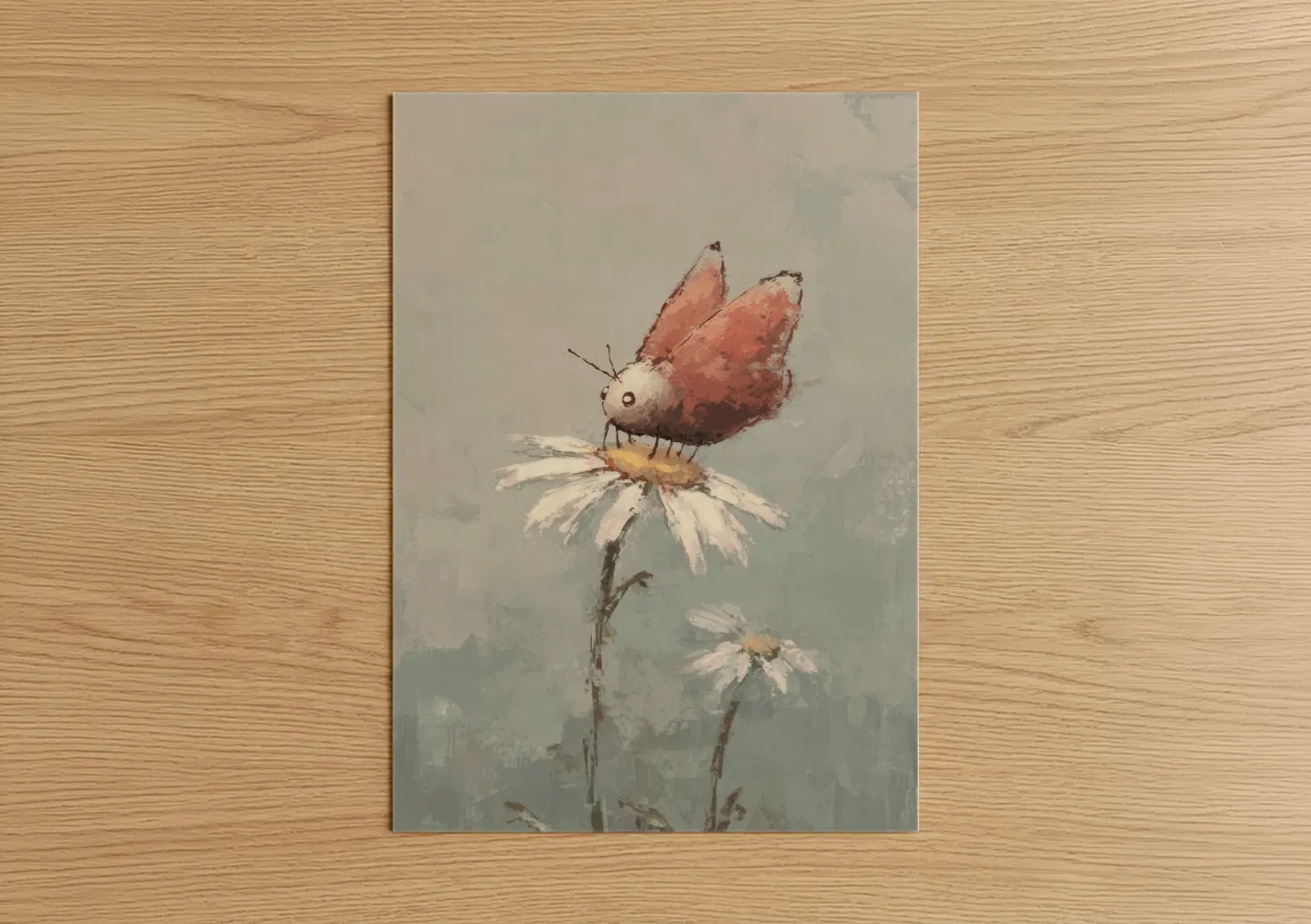 Art print on warm oak wood — russet and cream palette — Russet Butterfly Daisy poster