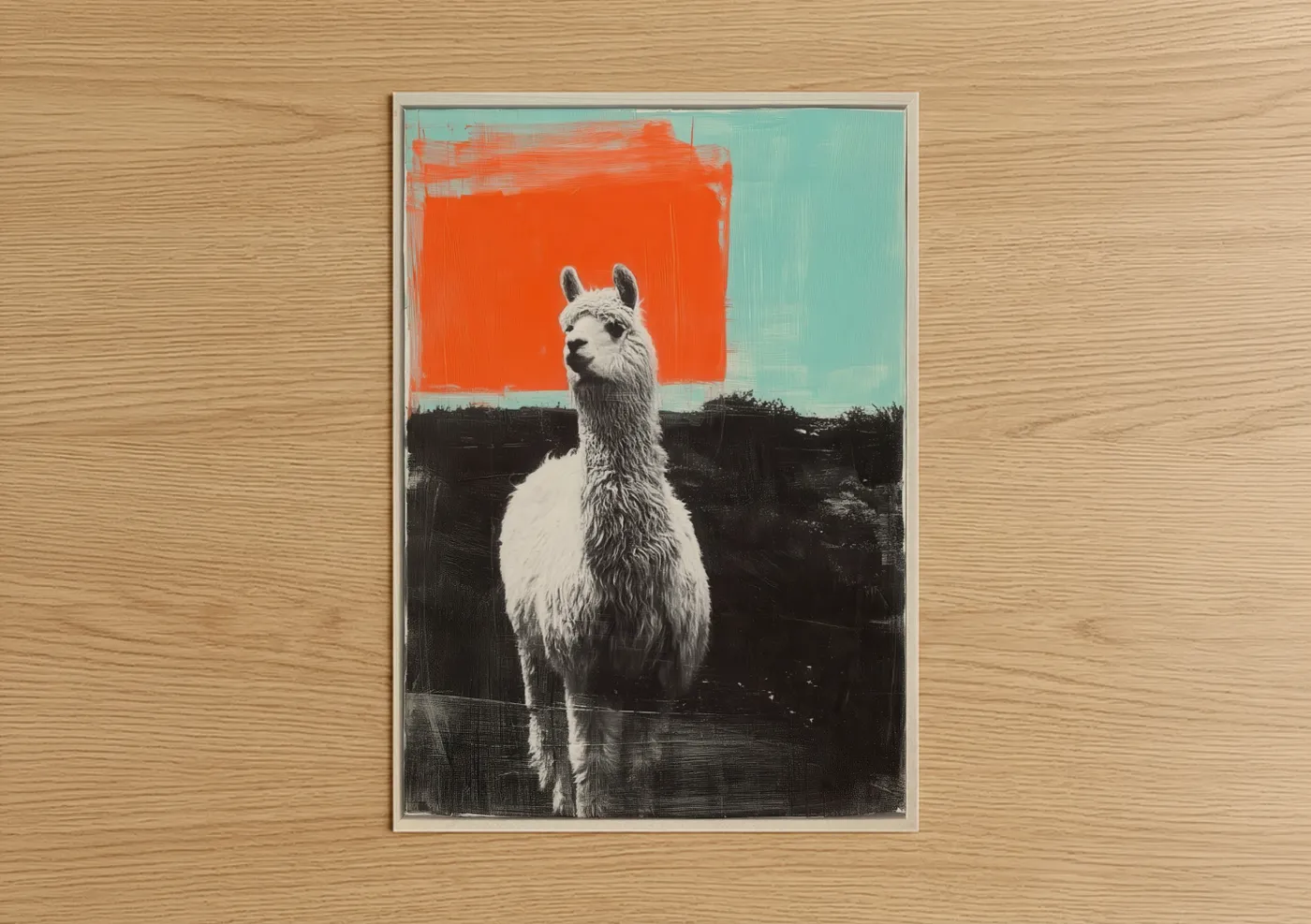 Art print on warm oak wood — orange and turquoise palette — Geometric Alpaca poster