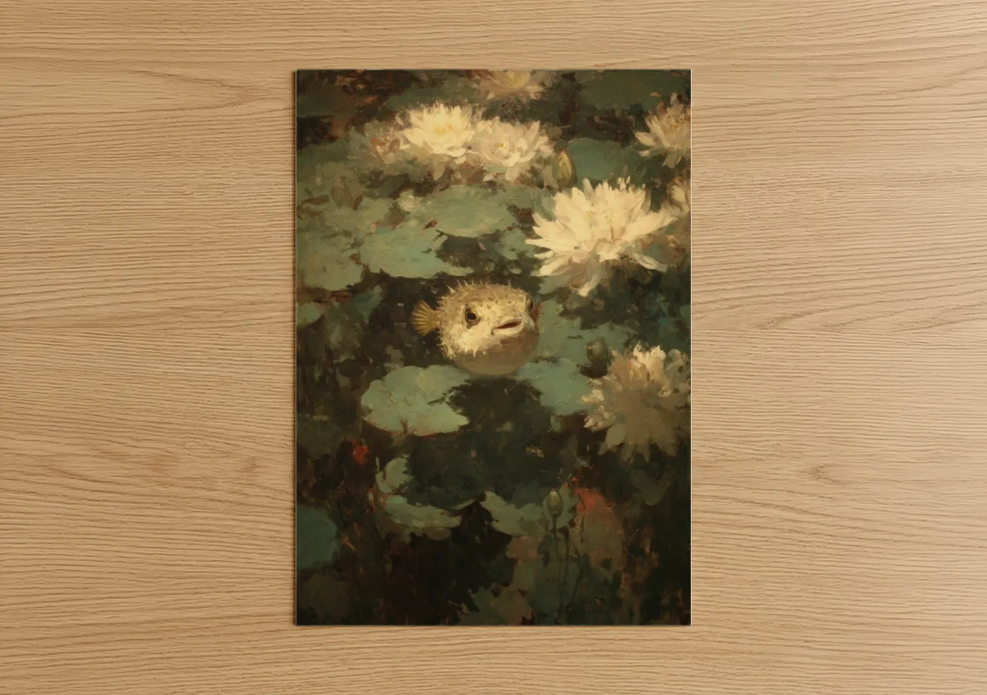 Puffer fish art print on warm oak wood — sage green and cream palette — Lily Pad Puffer poster