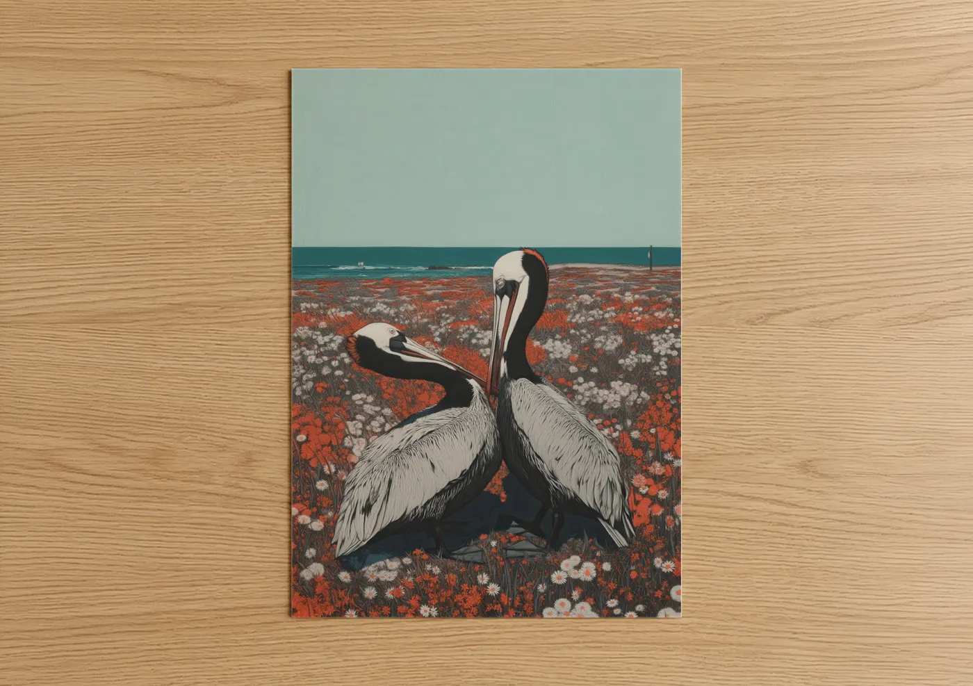 Art print on warm oak wood — red and teal palette — Coastal Pelican Pair poster