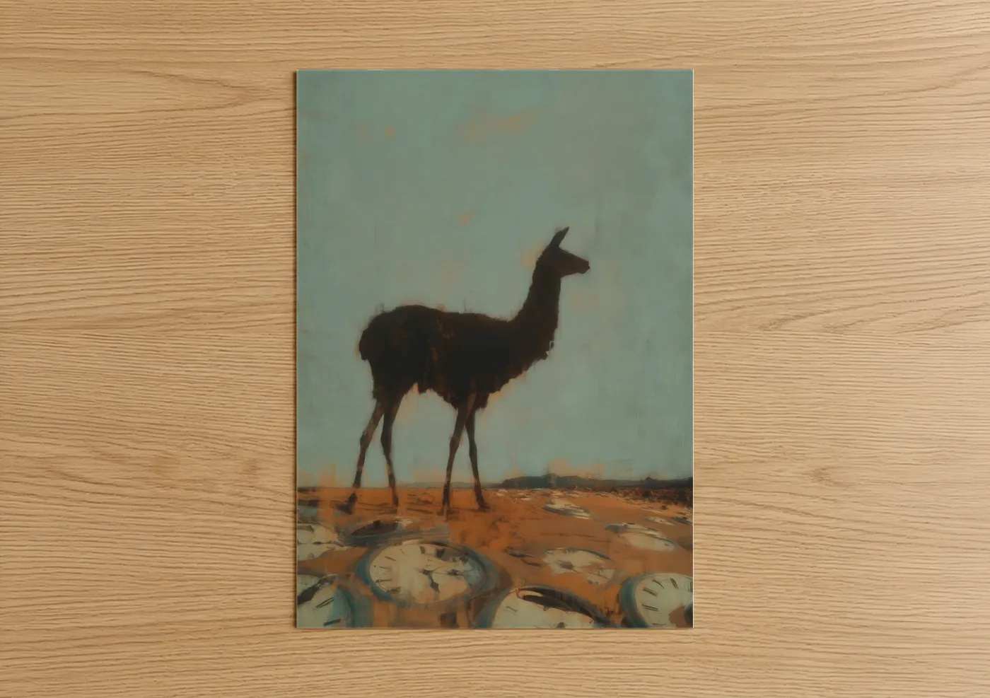 Art print on warm oak wood — dove gray and orange palette — Desert Llama poster