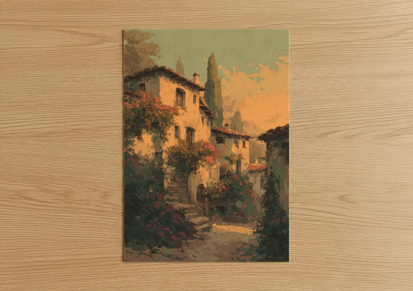 Golden Tuscan Village Sunset Painting Wall Art