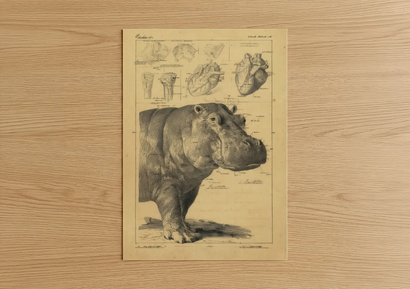 Art print on warm oak wood — cream and black and white palette — Anatomical Hippo poster