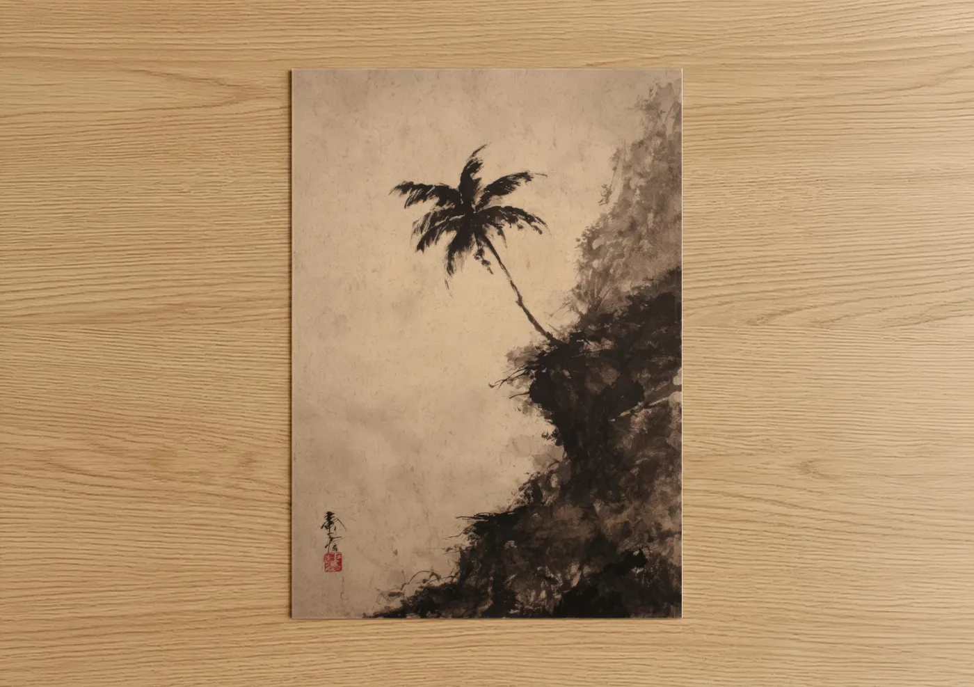 Palm tree art print on warm oak wood — black and beige palette — Solitary Palm poster
