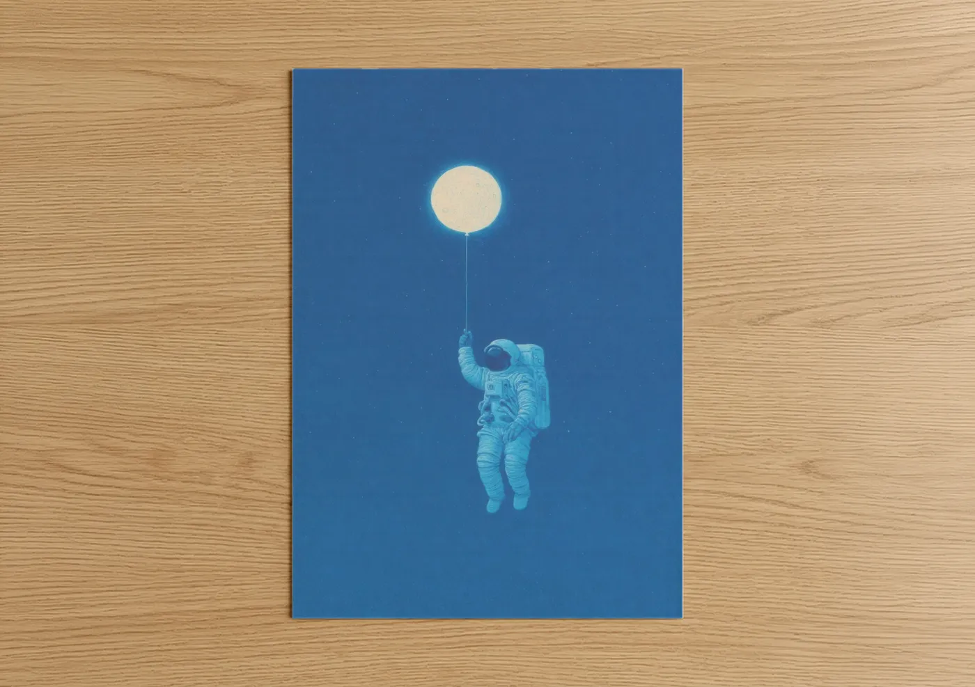 Art for boy art print on warm oak wood — blue and white palette — Lunar Astronaut poster