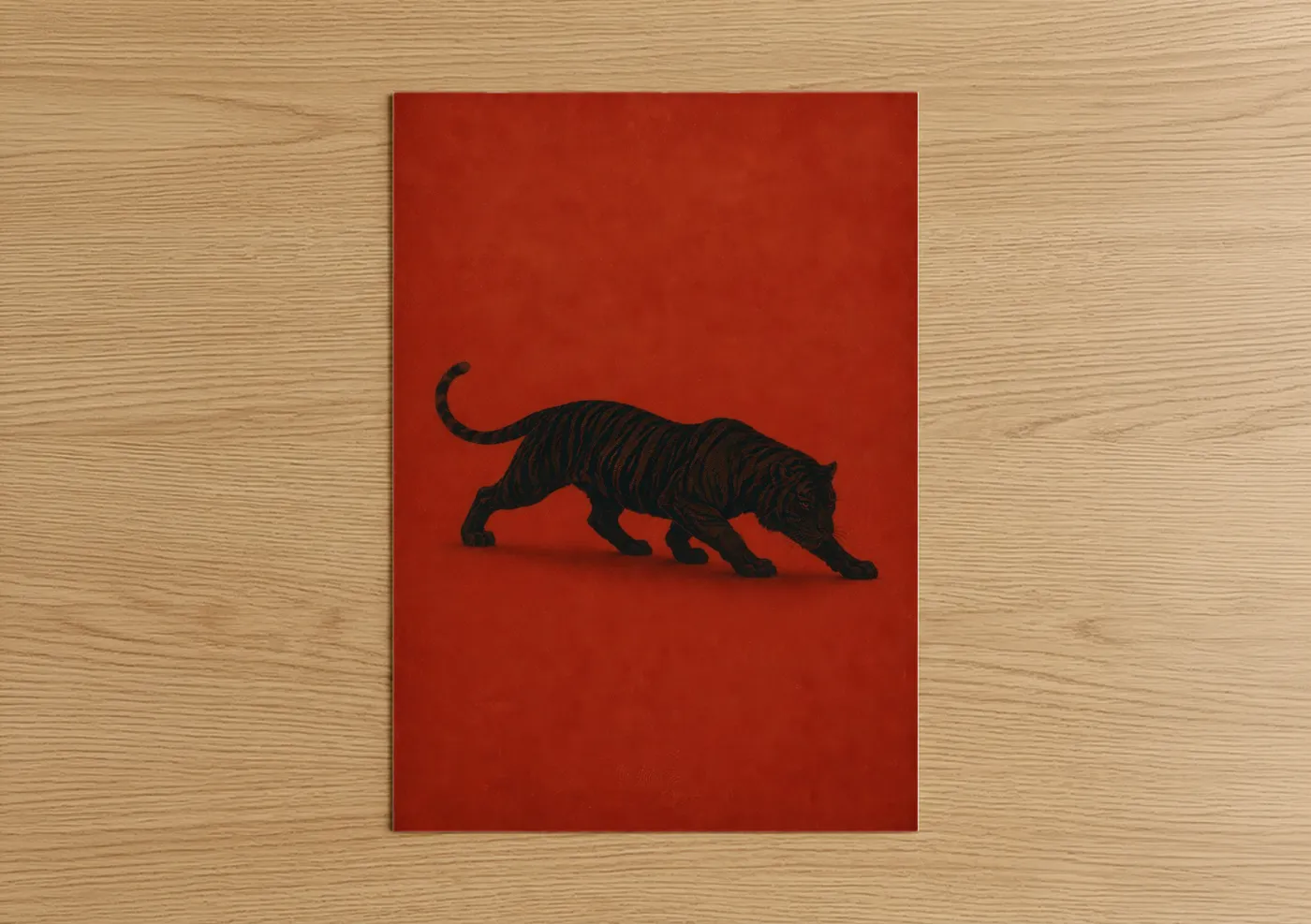 Art print on warm oak wood — red and black palette — Black Tiger on Red Wall Art poster